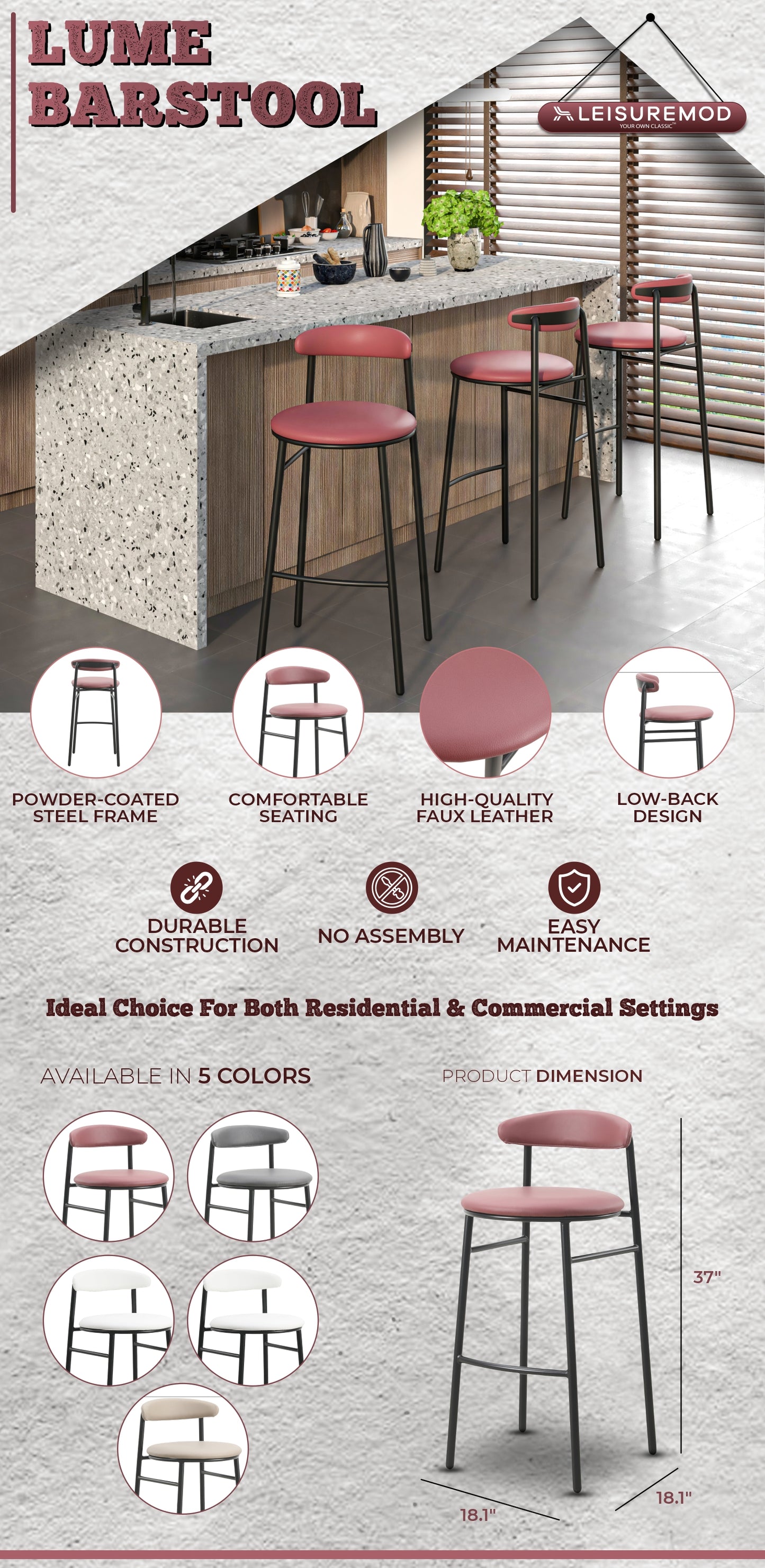 Lume Collection Modern Bar Stool in Burgundy