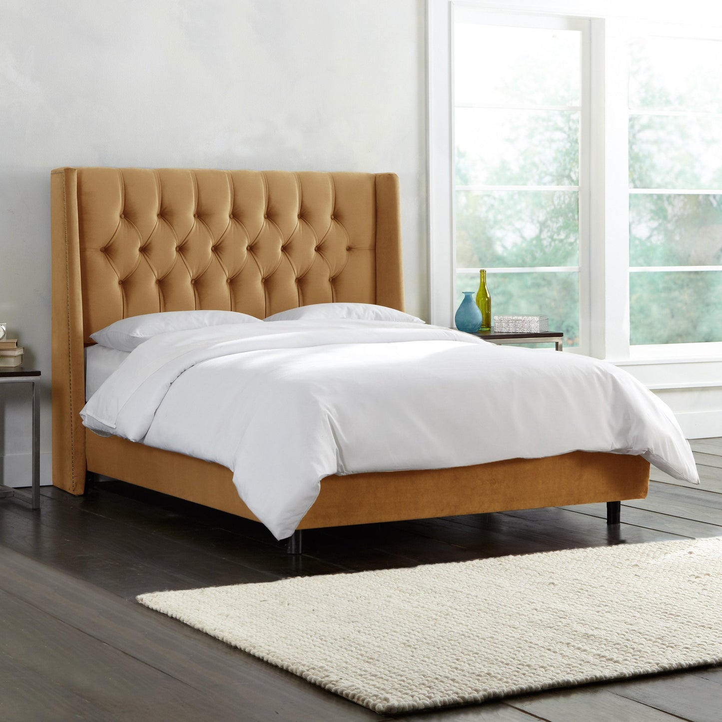 Camellia Mystere Moccasin Nail Button Tufted Queen Wingback Bed - living-essentials