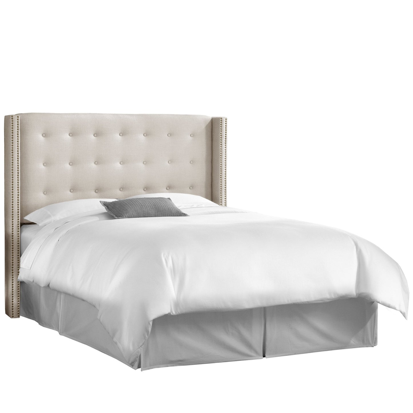 Camilla Linen Talc Nail Button Tufted Wingback Queen Headboard - living-essentials