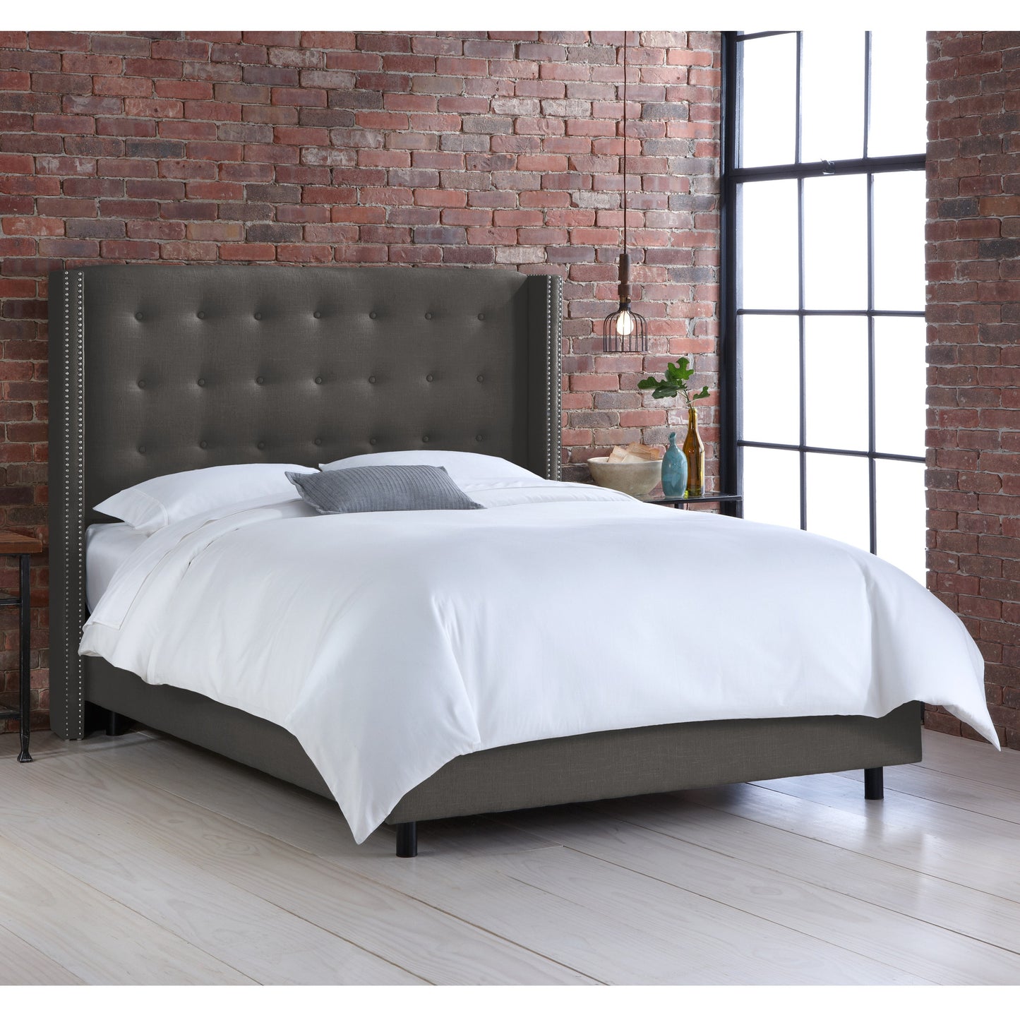 Billie Linen Charcoal Nail Button Tufted Wingback King Bed - living-essentials