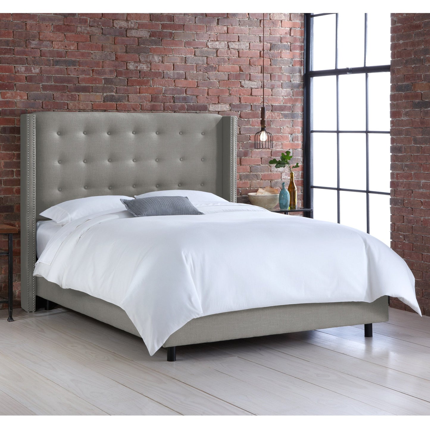 Saffron Linen Grey Nail Button Tufted Wingback California King Bed - living-essentials