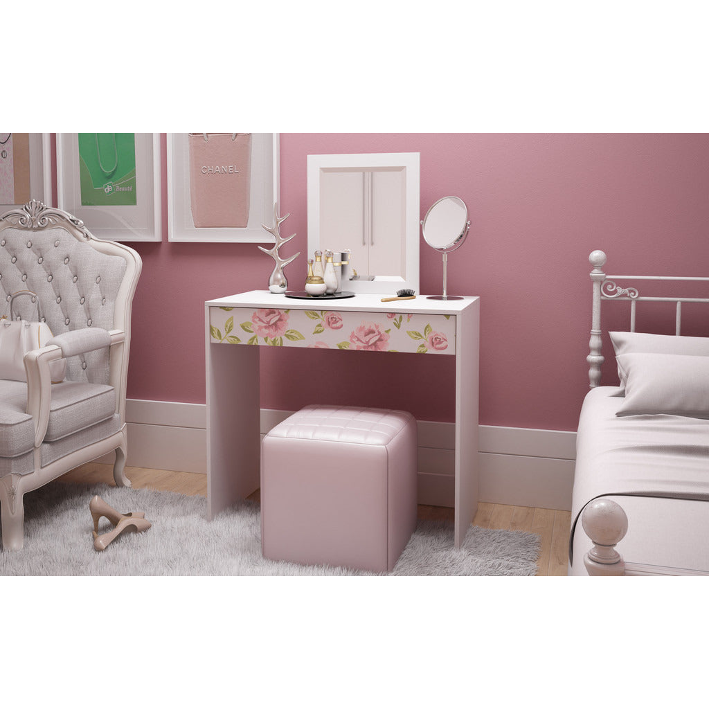 Victoria 35.43in. Vanity with Mirror in White and Floral Stamp - living-essentials