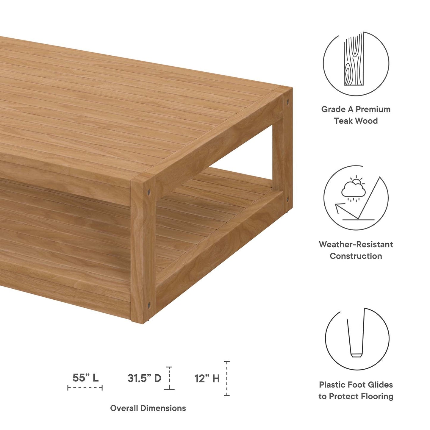 Carri Teak Wood Outdoor Patio Coffee Table