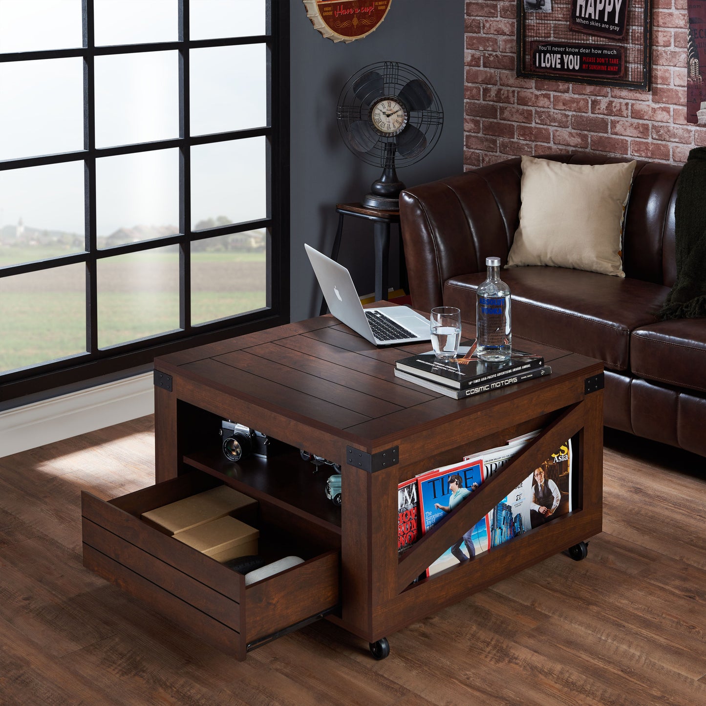 Ketner Industrial Multi-Storage Coffee Table in Vintage Walnut - living-essentials