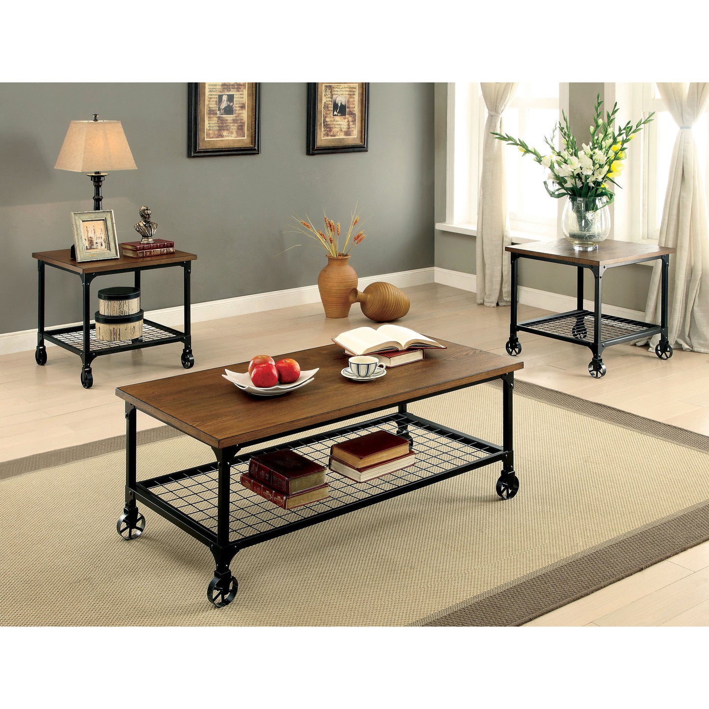 Donnell Transitional 3-Piece Coffee and End Table Set in Medium Oak - living-essentials