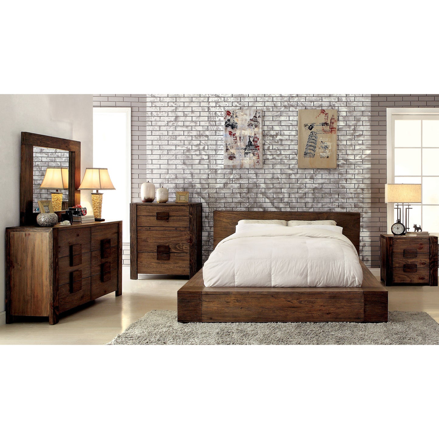 Moline I Transitional Low Profile King Platform Bed in Rustic Natural Tone - living-essentials