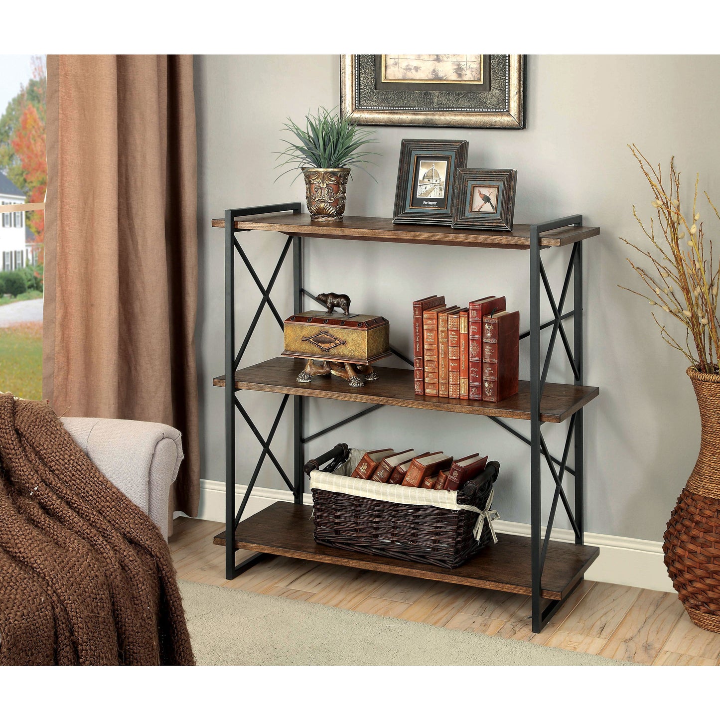 Donte II Transitional 3-Tier Display Shelf in Medium Weathered Oak - living-essentials
