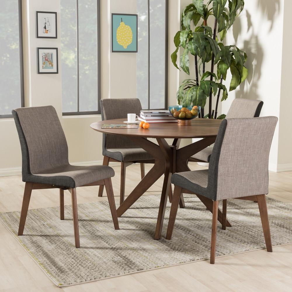 Kimberly Mid Century Modern Walnut Wood Round 5 Piece Dining Set