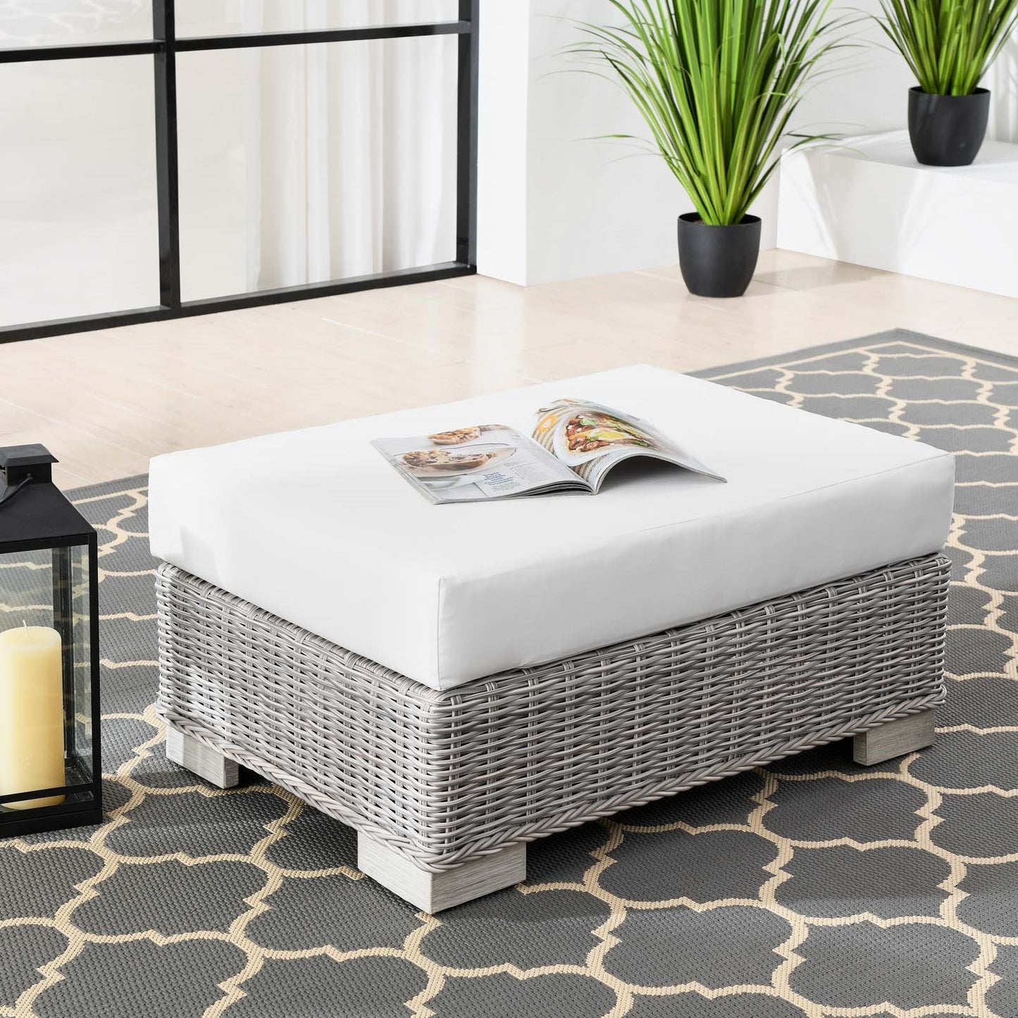 Connor Outdoor Patio Wicker Rattan Ottoman in Light Gray