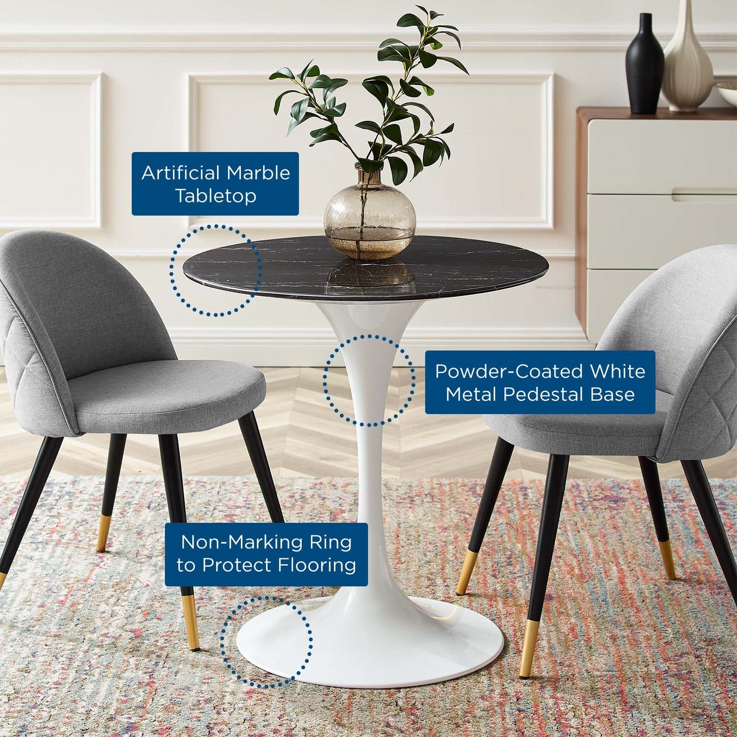 Tulip Style 28" Black Artificial Marble Dining Table