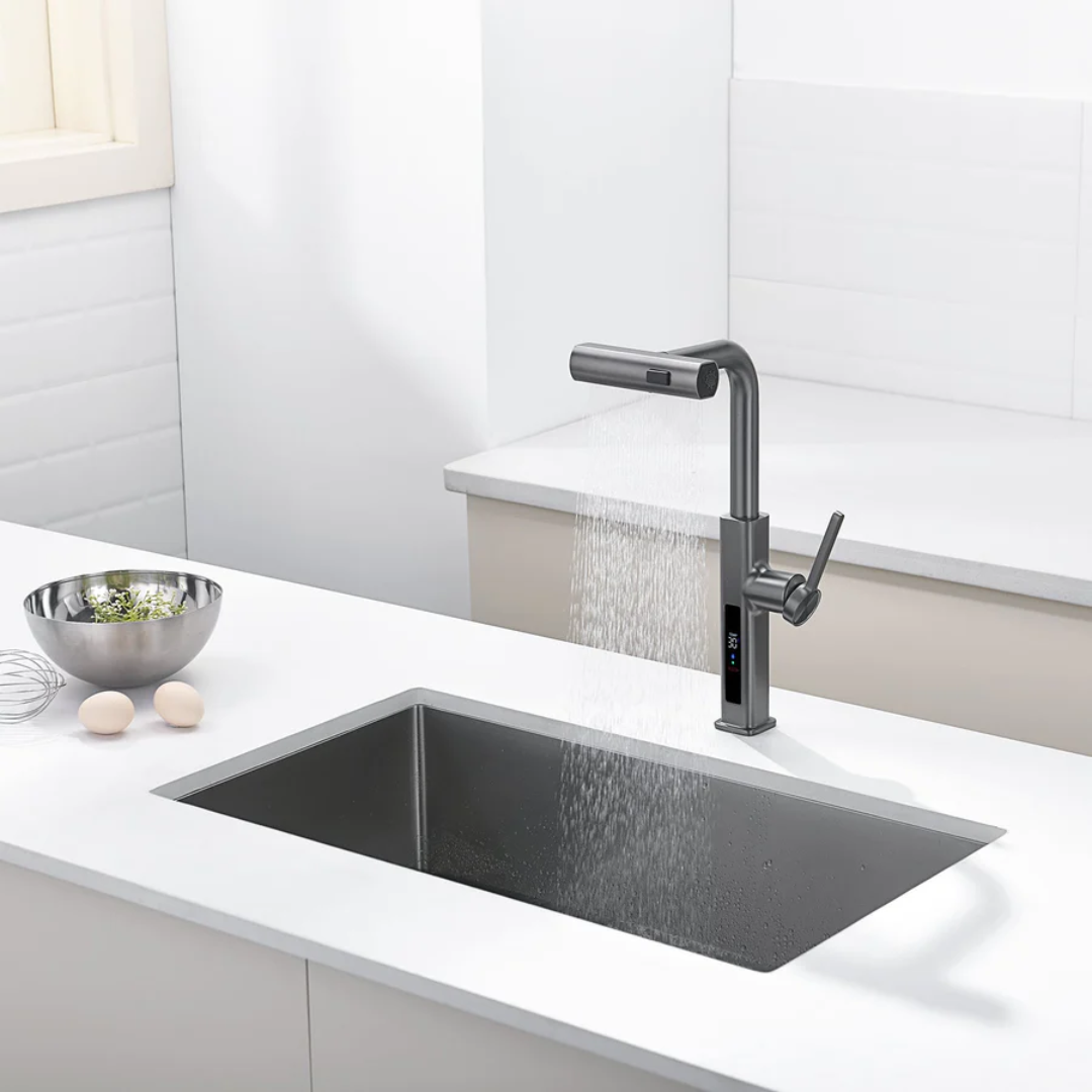 Multi-Functional Waterfall and Pull-Out Faucet With Temperature Display