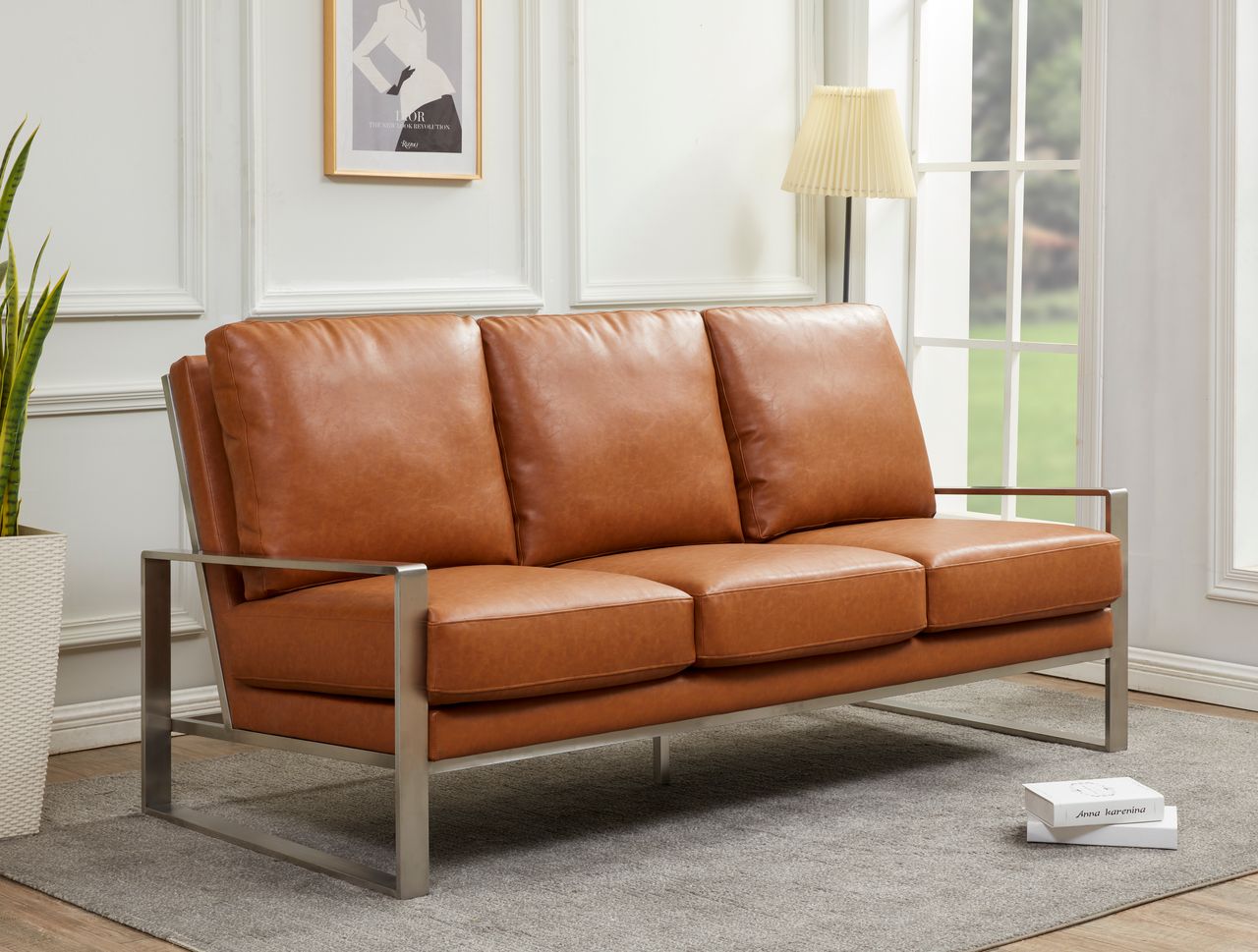 Emil Leather Sofa - Silver Frame