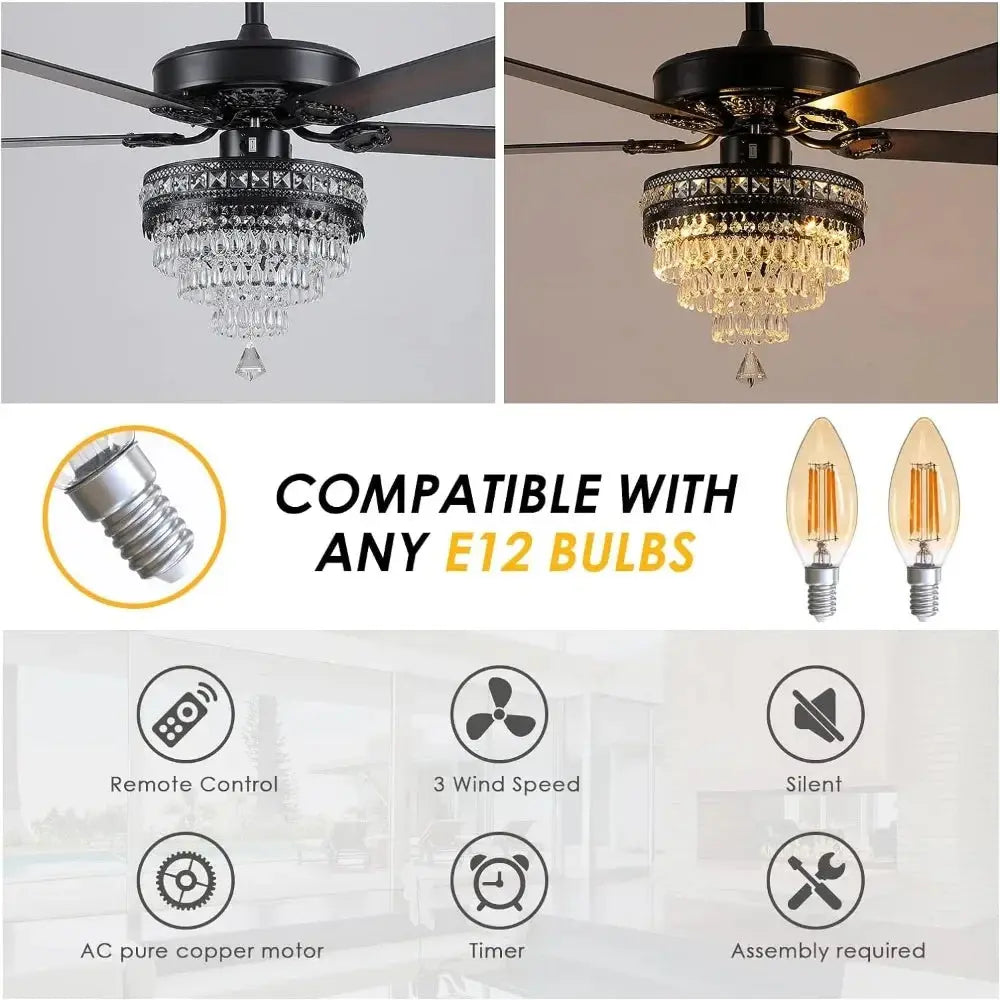 5-Blade Remote Control Crystal Ceiling Fan with Lights