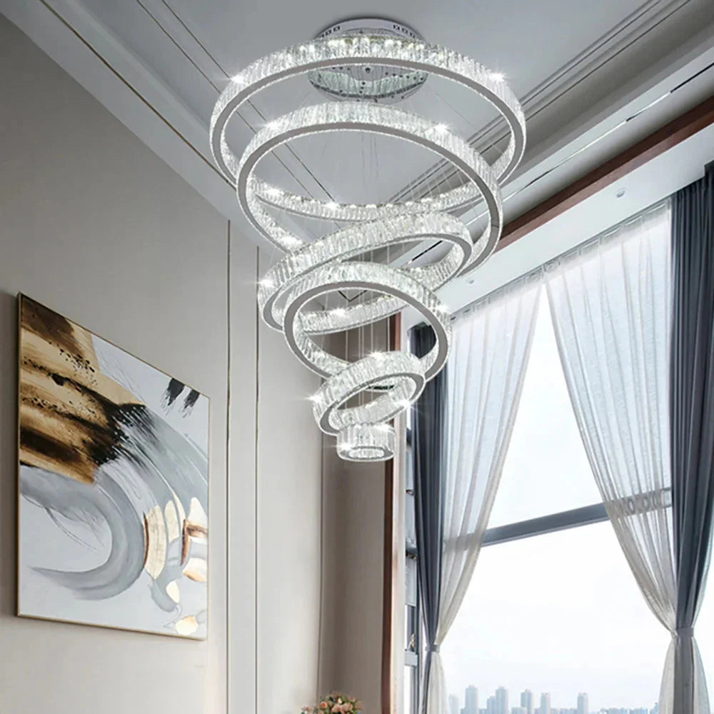 6 Tier Crystal Ring Chandelier for High Ceiling