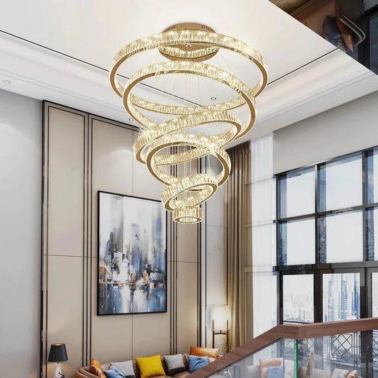 6 Tier Crystal Ring Chandelier for High Ceiling