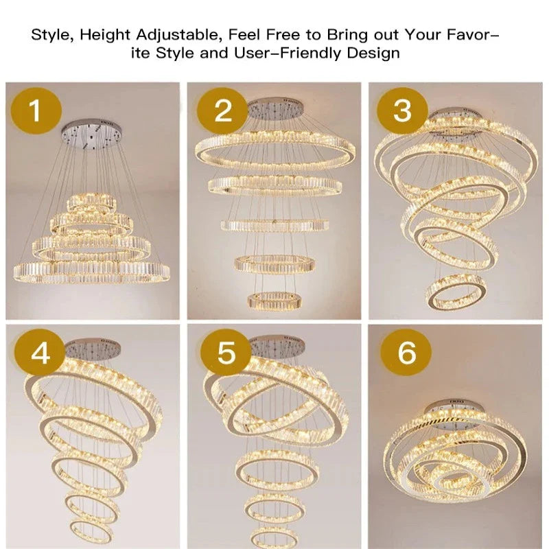 6 Tier Crystal Ring Chandelier for High Ceiling