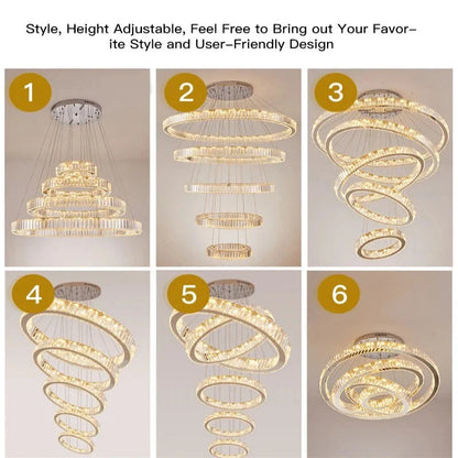 6 Tier Crystal Ring Chandelier for High Ceiling