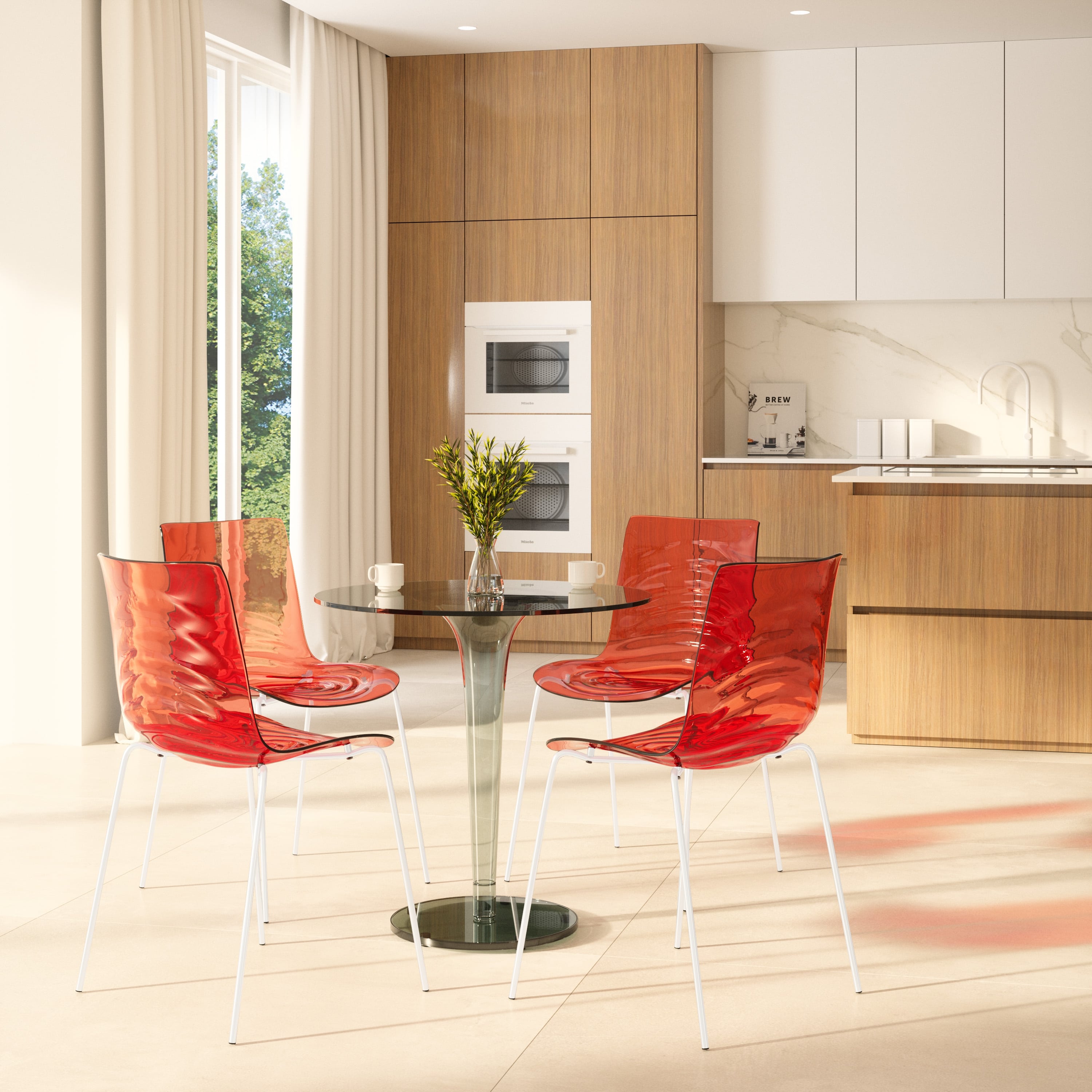 Astor Water Ripple Design Dining Chair in White Base Trans Red Seat