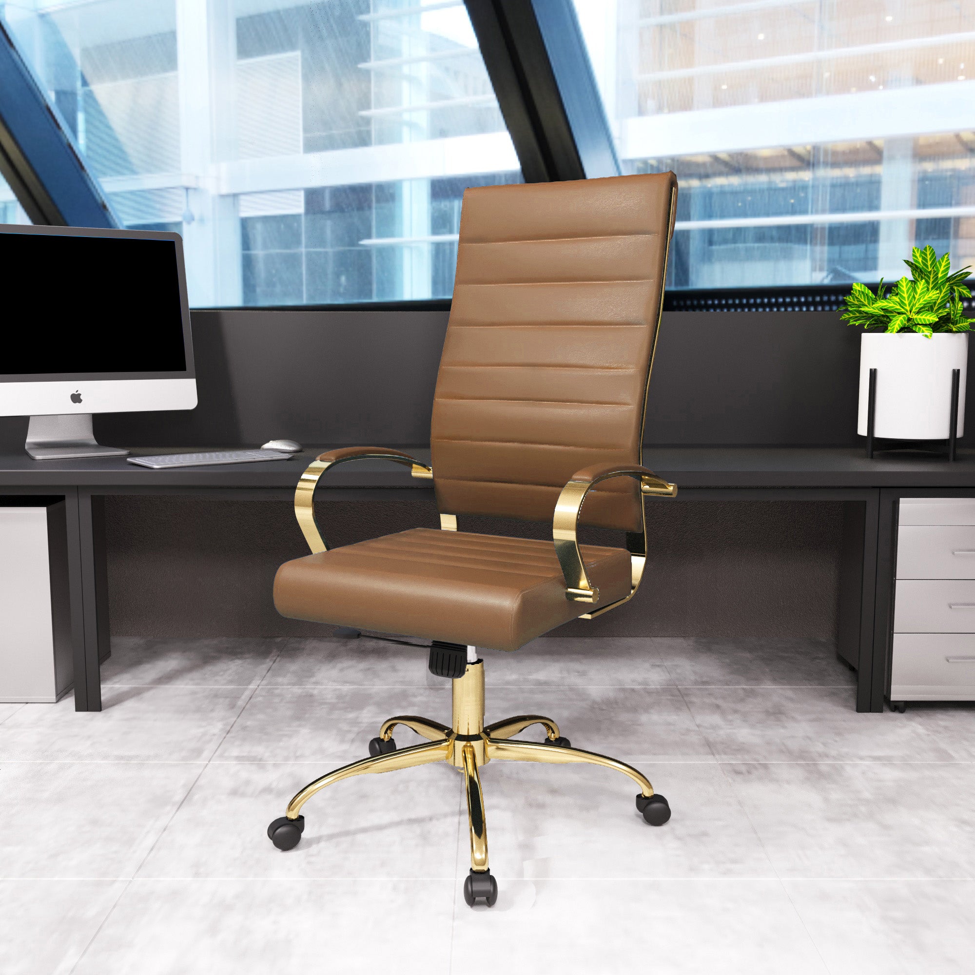 Benmar High-Back Leather Office Chair With Gold Frame