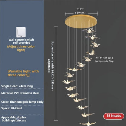 Bird Spiral Long Led Chandelier for Staircase and Foyer