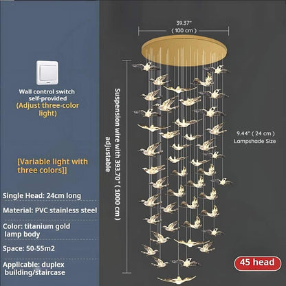 Bird Spiral Long Led Chandelier for Staircase and Foyer