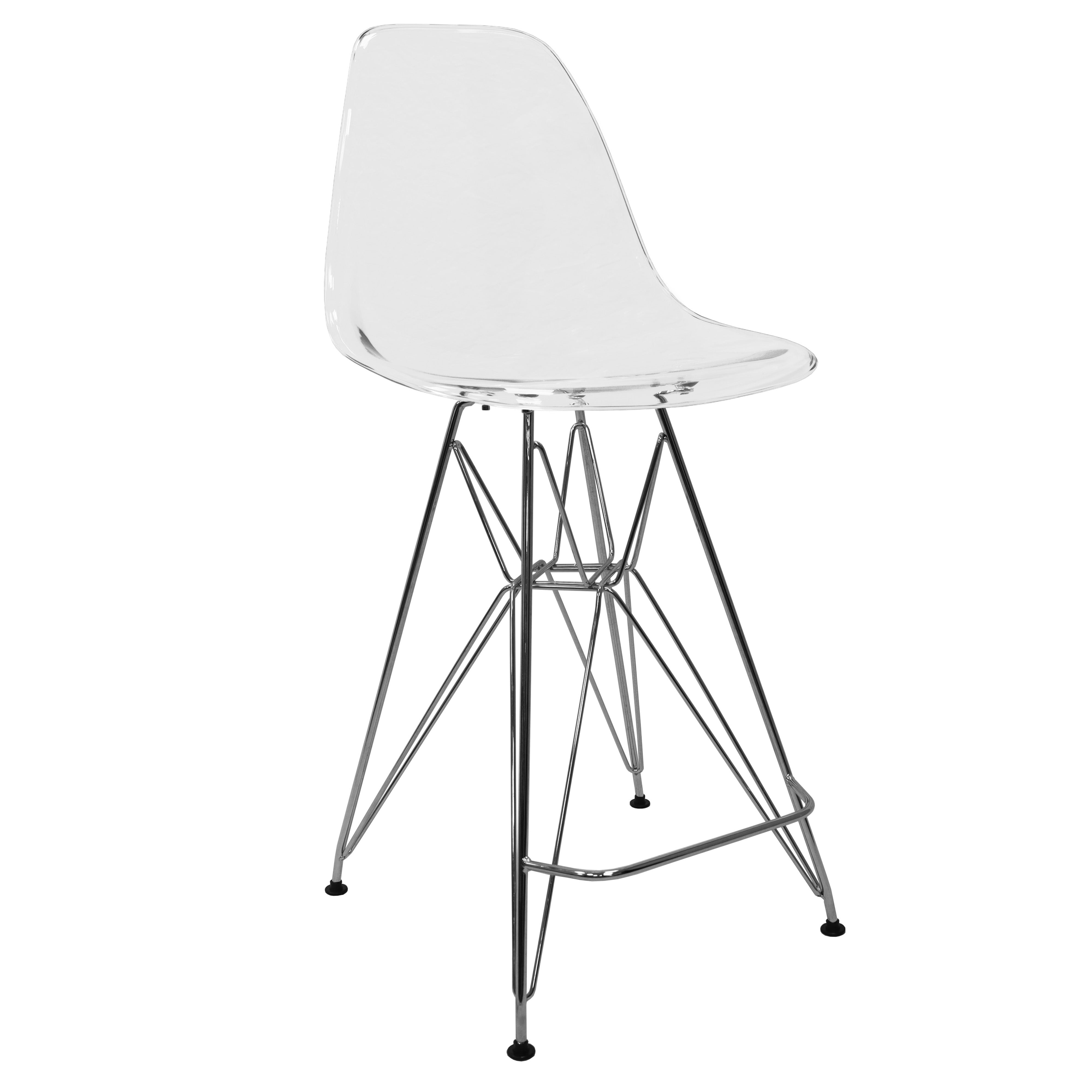 Cresco Modern Acrylic Barstool with Chrome Base and Footrest in Clear