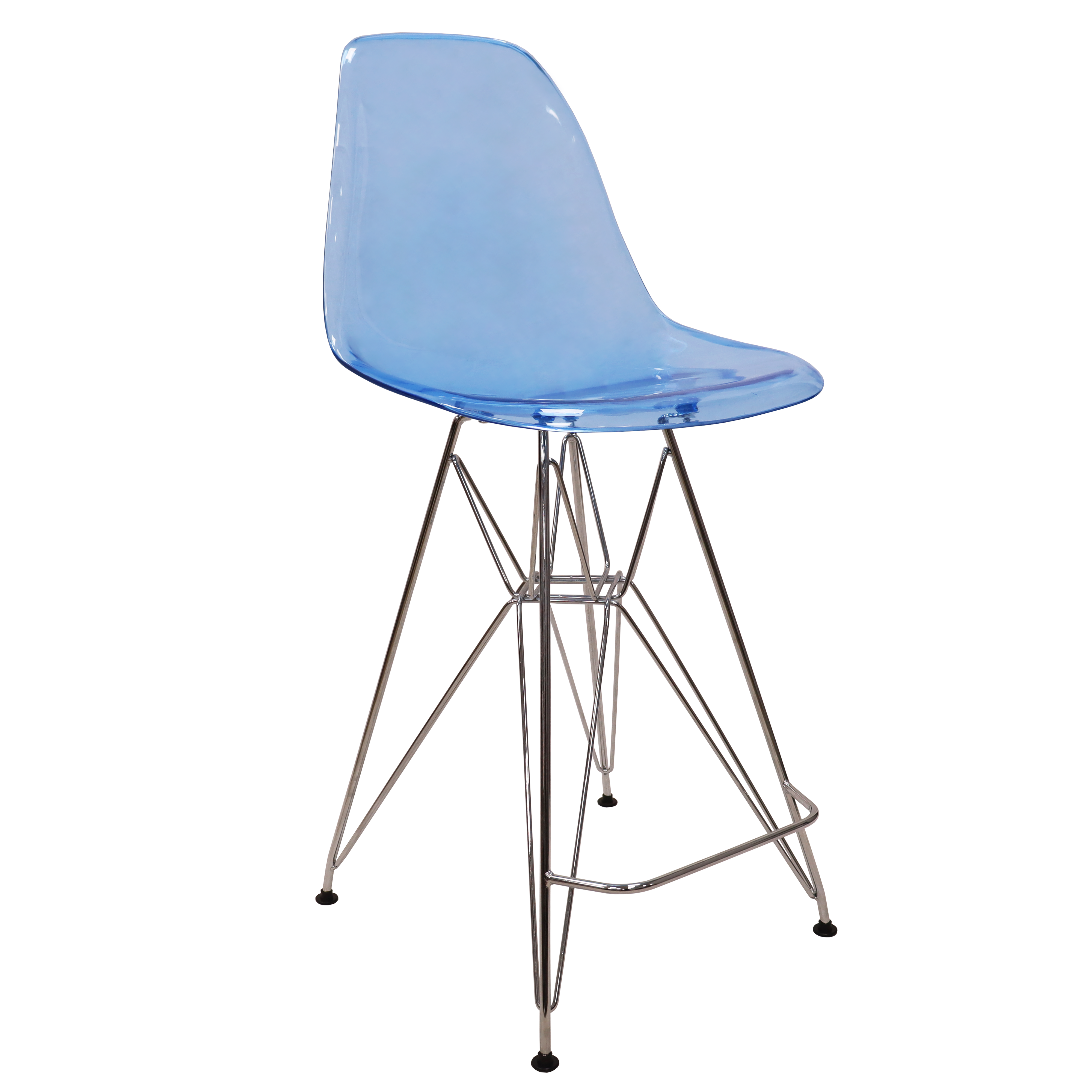 Cresco Modern Acrylic Barstool with Chrome Base and Footrest in Transparent Blue