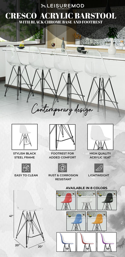 Modern Acrylic Bar stool Cresco Collection Black Base with Clear seat