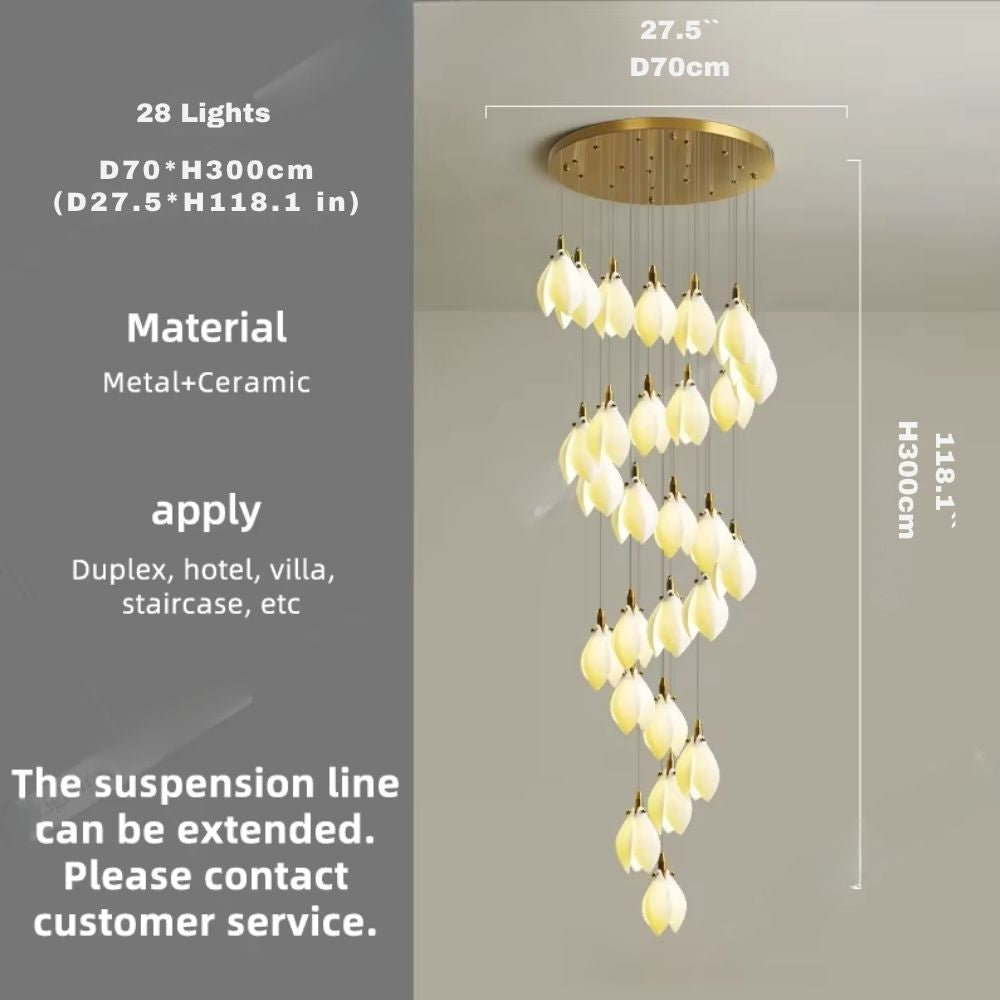 Ceramic Magnolia Staircase Chandelier 6/9/18/36 Lights