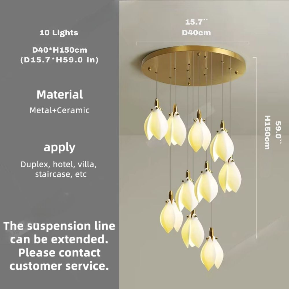 Ceramic Magnolia Staircase Chandelier 6/9/18/36 Lights
