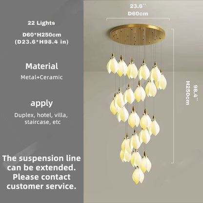 Ceramic Magnolia Staircase Chandelier 6/9/18/36 Lights