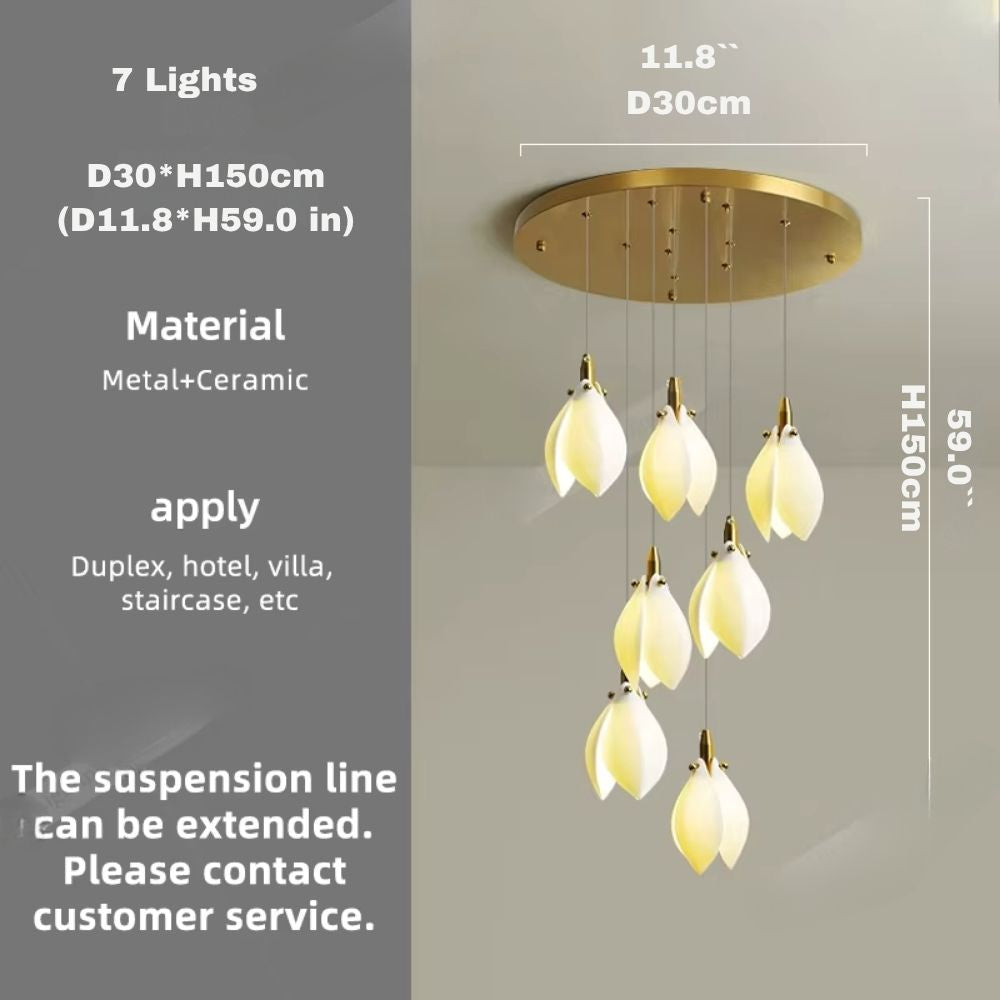 Ceramic Magnolia Staircase Chandelier 6/9/18/36 Lights