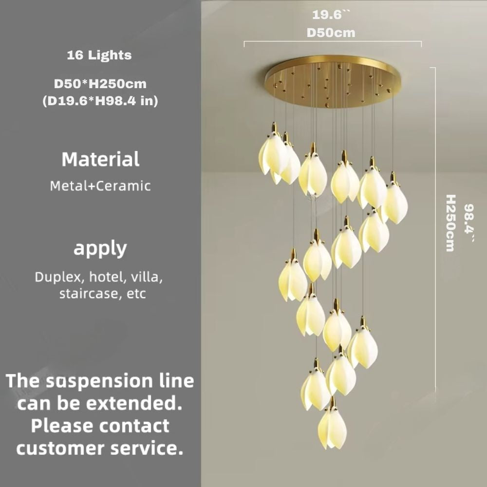 Ceramic Magnolia Staircase Chandelier 6/9/18/36 Lights