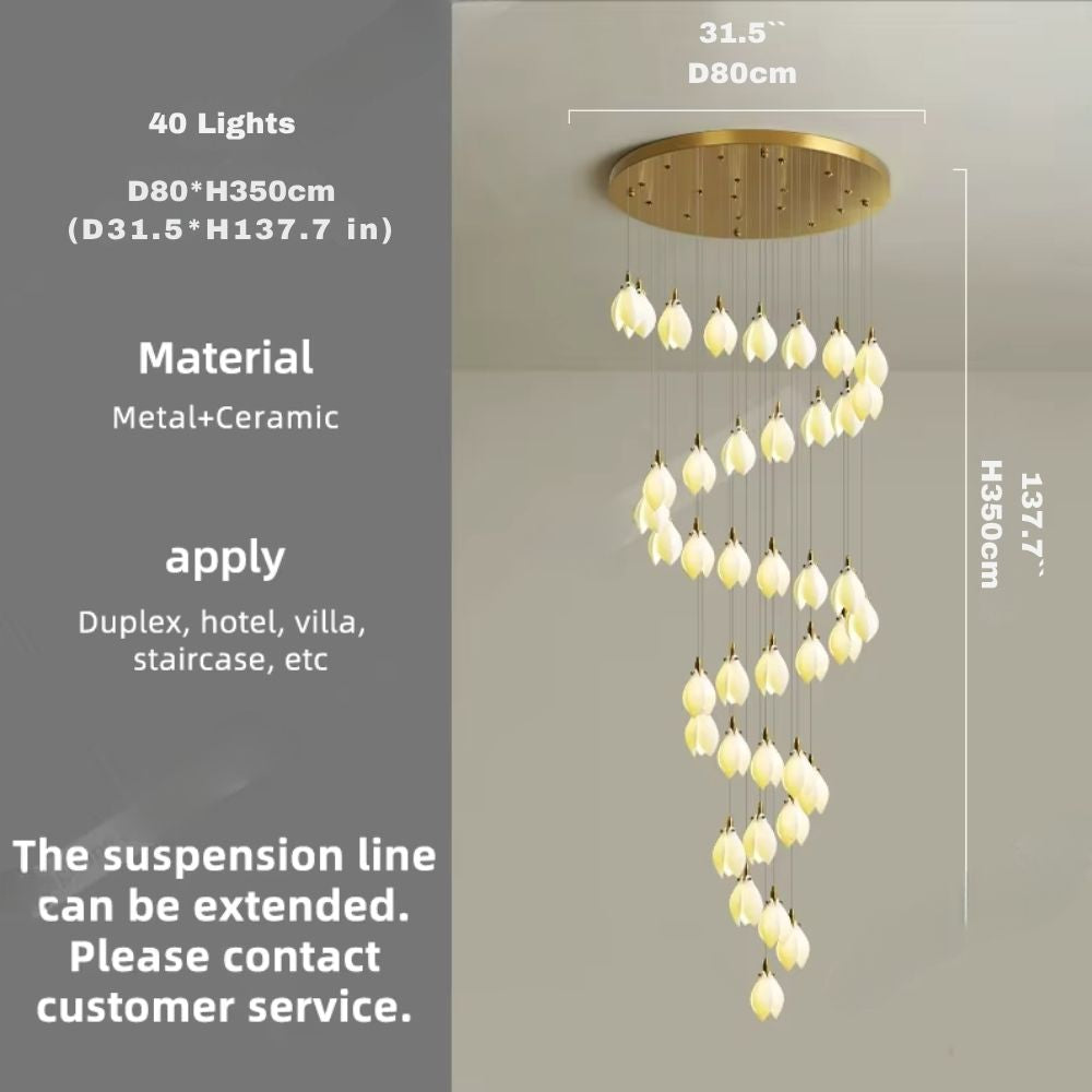 Ceramic Magnolia Staircase Chandelier 6/9/18/36 Lights