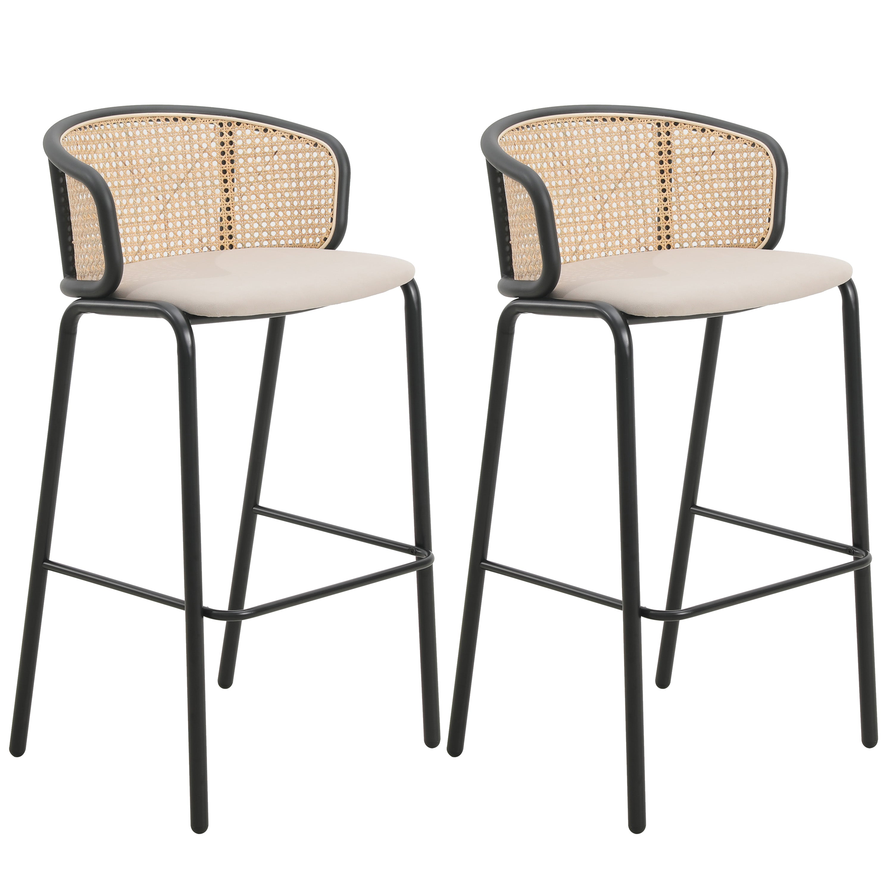 Ervilla Mid-Century Modern Wicker Bar Stool with Fabric Seat and Black Powder Coated Steel Frame, Set of 2 in Beige