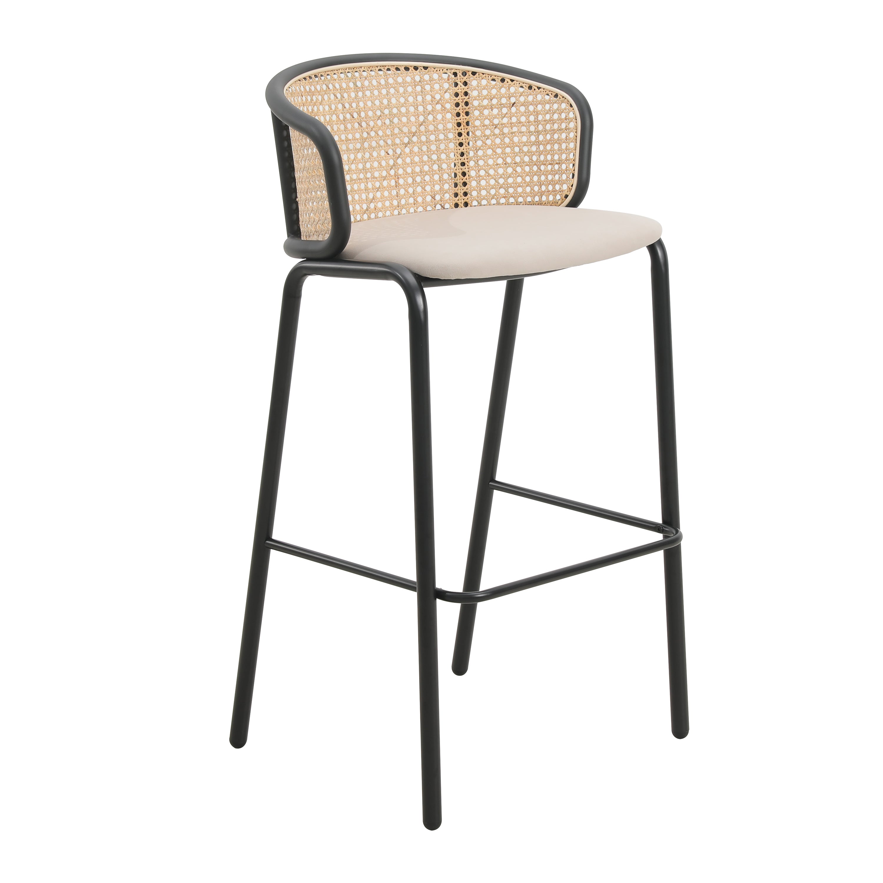 Ervilla Mid-Century Modern Wicker Bar Stool with Fabric Seat and Black Powder Coated Steel Frame for Kitchen and Dining Room in Beige