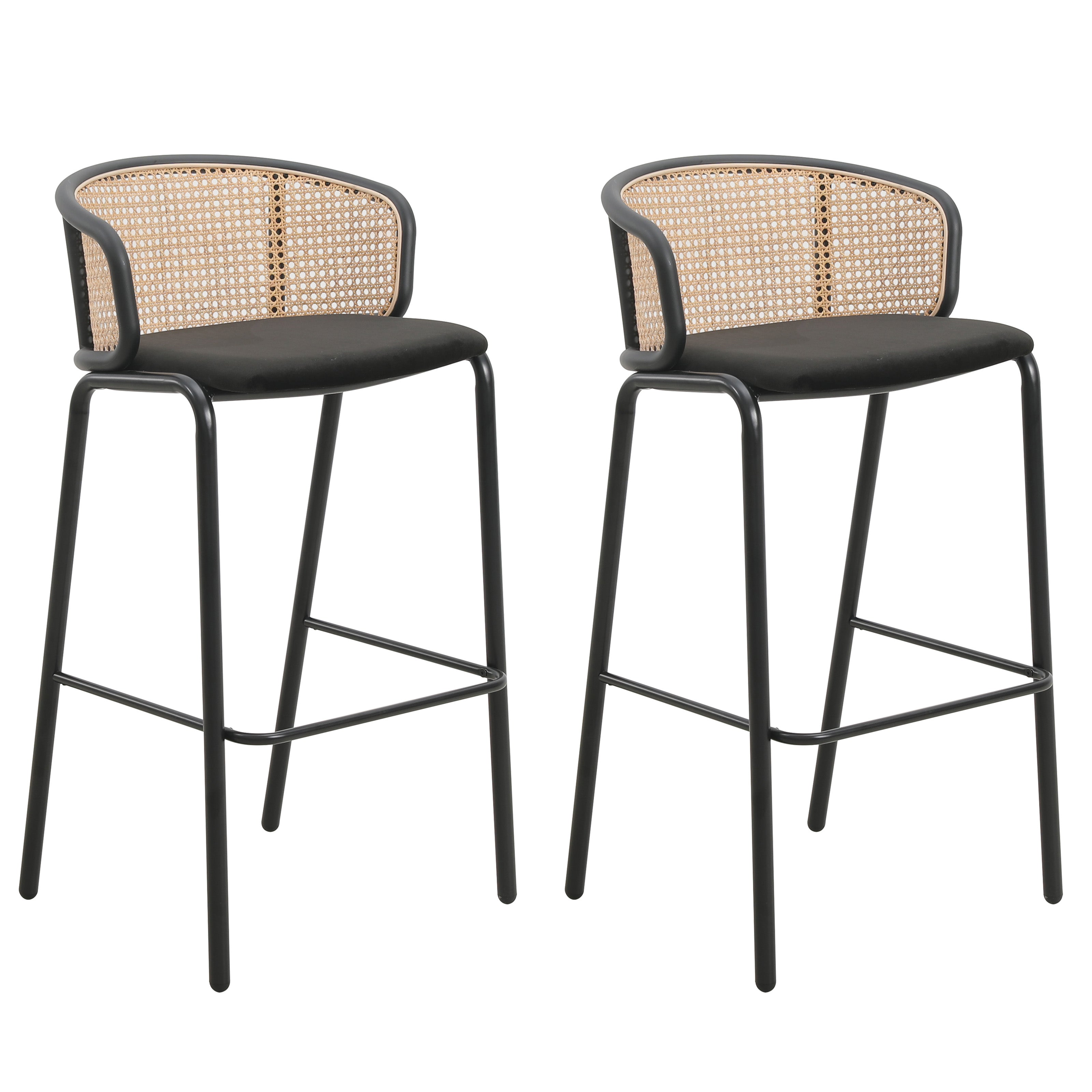 Ervilla Mid-Century Modern Wicker Bar Stool with Fabric Seat and Black Powder Coated Steel Frame, Set of 2 in Black