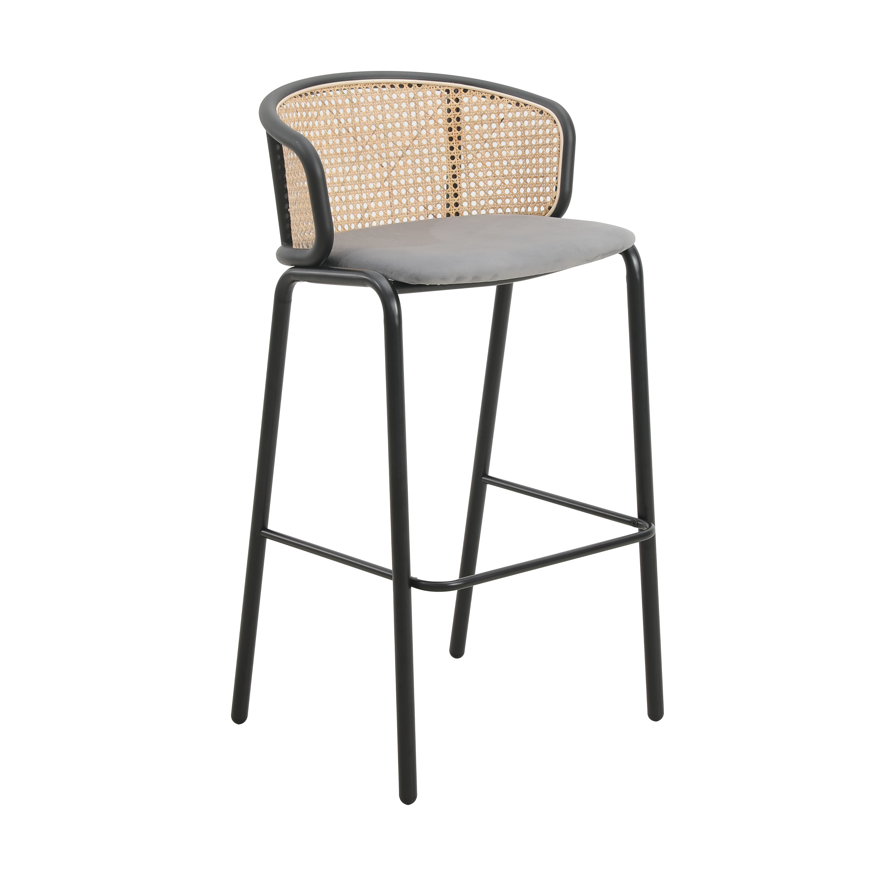 Ervilla Mid-Century Modern Wicker Bar Stool with Fabric Seat and Black Powder Coated Steel Frame for Kitchen and Dining Room in Grey