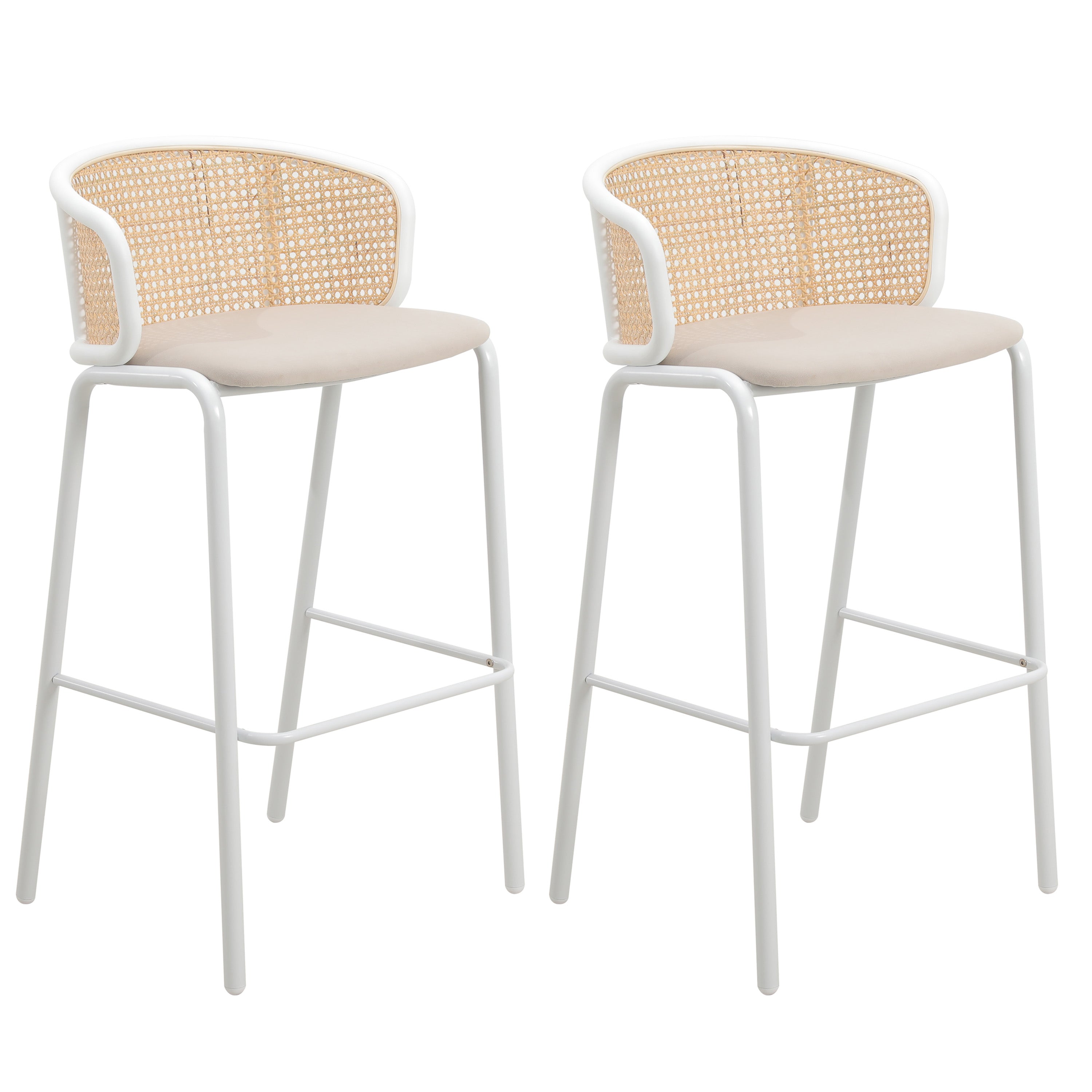 Ervilla Mid-Century Modern Wicker Bar Stool with Fabric Seat and White Powder Coated Steel Frame, Set of 2 in Beige