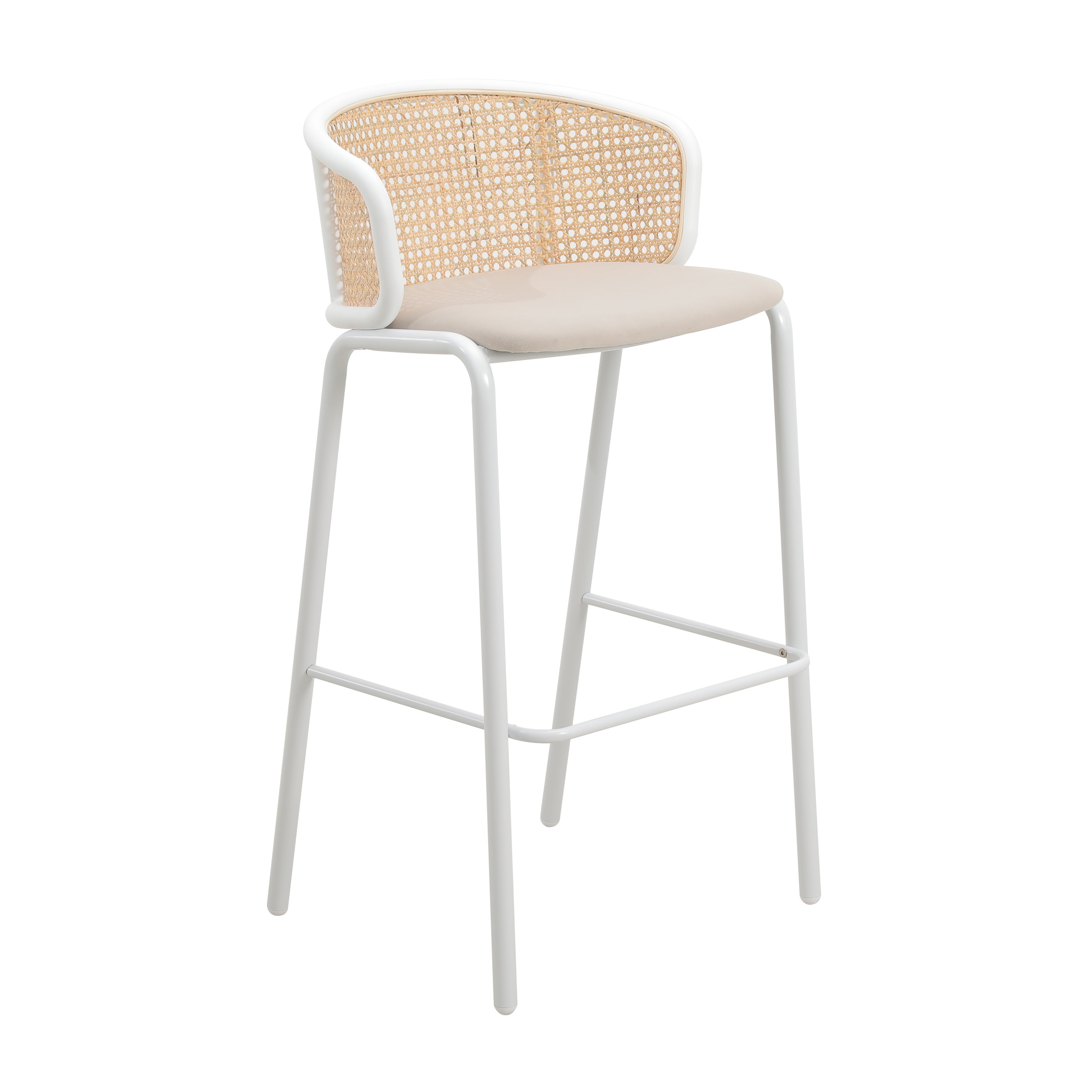 Ervilla Mid-Century Modern Wicker Bar Stool with Fabric Seat and White Powder Coated Steel Frame for Kitchen and Dining Room in Beige