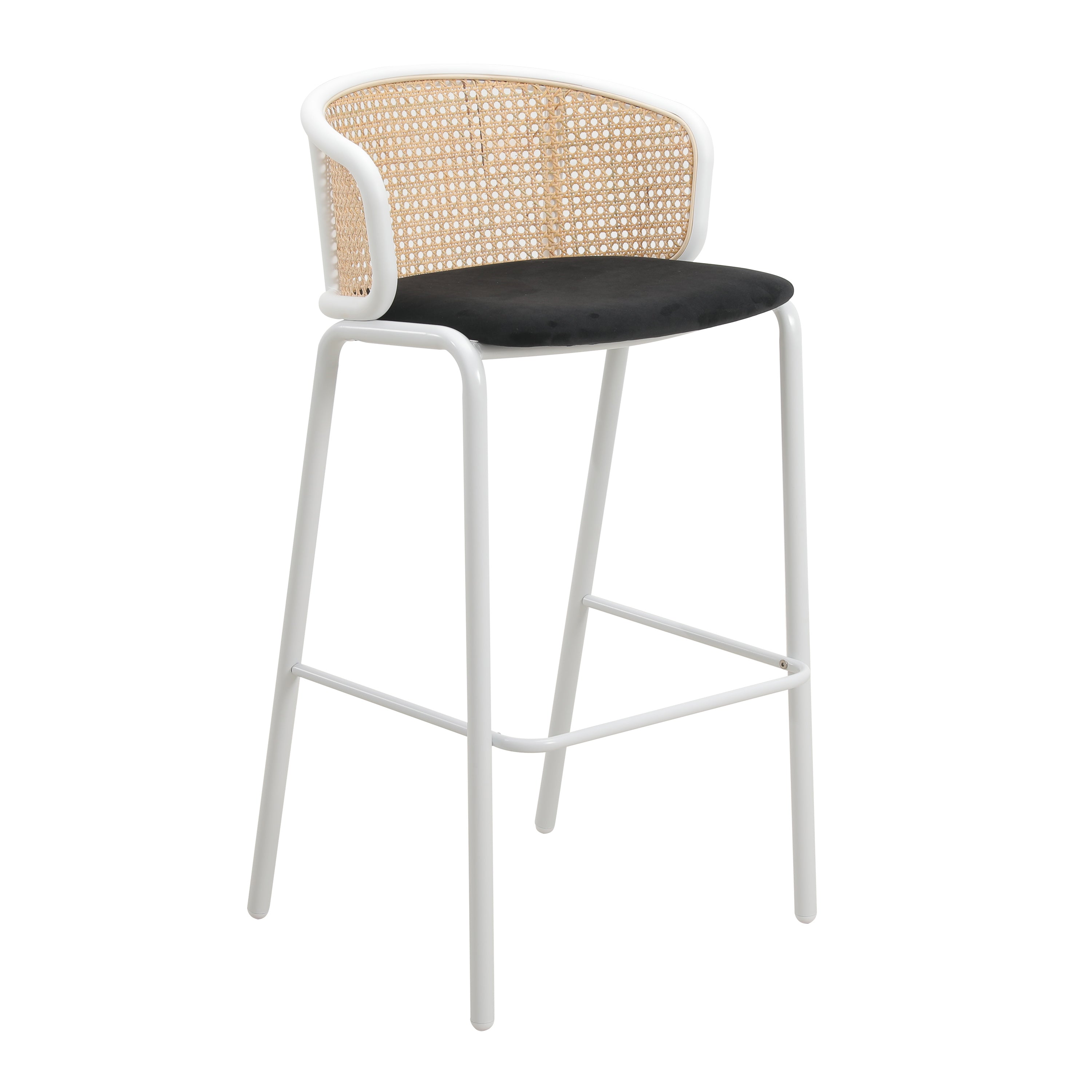 Ervilla Mid-Century Modern Wicker Bar Stool with Fabric Seat and White Powder Coated Steel Frame for Kitchen and Dining Room in Black