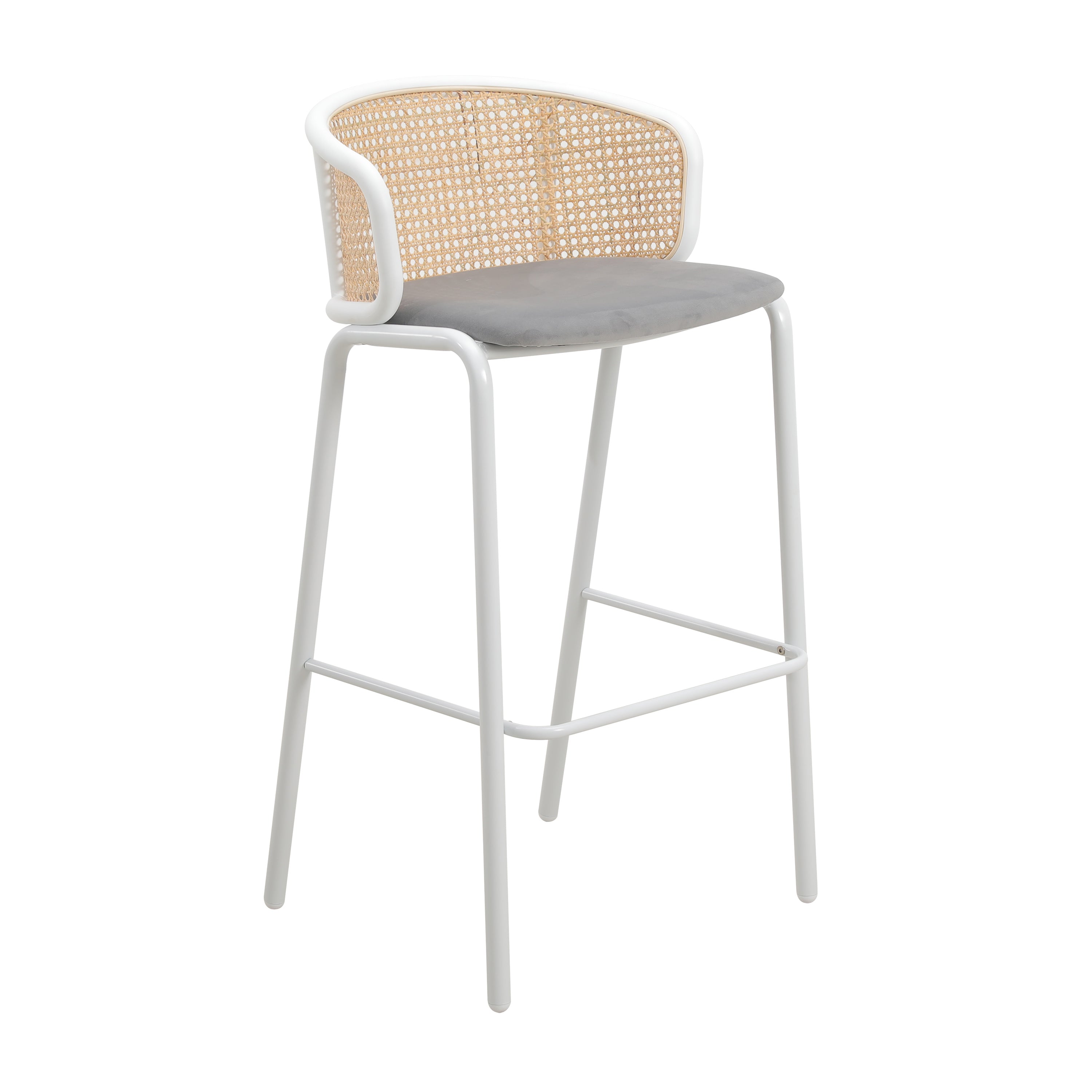 Ervilla Mid-Century Modern Wicker Bar Stool with Fabric Seat and White Powder Coated Steel Frame for Kitchen and Dining Room in Grey