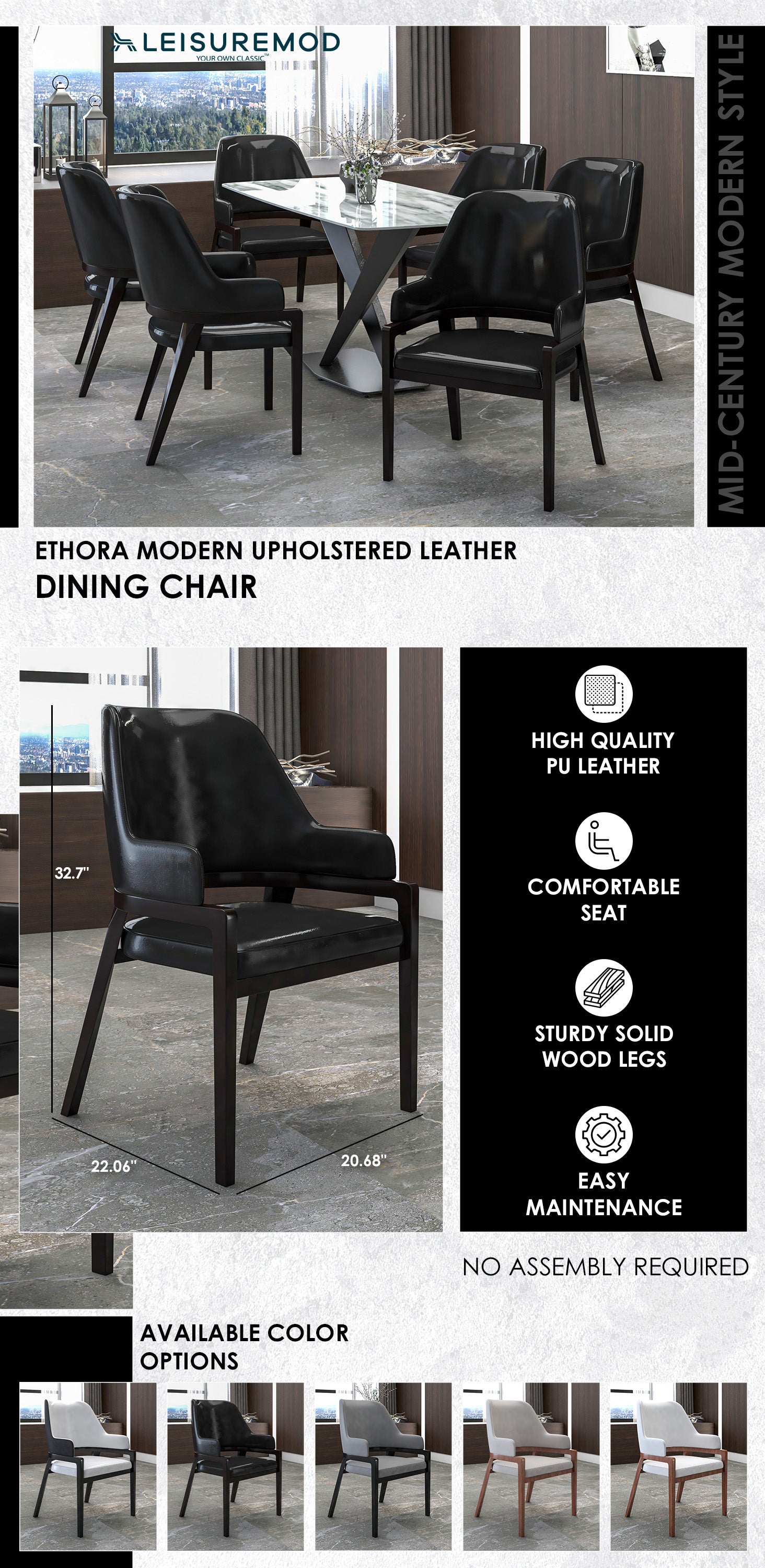 Ethora Collection Modern Wooden Dining Chair in Black Fabric Seat With white top