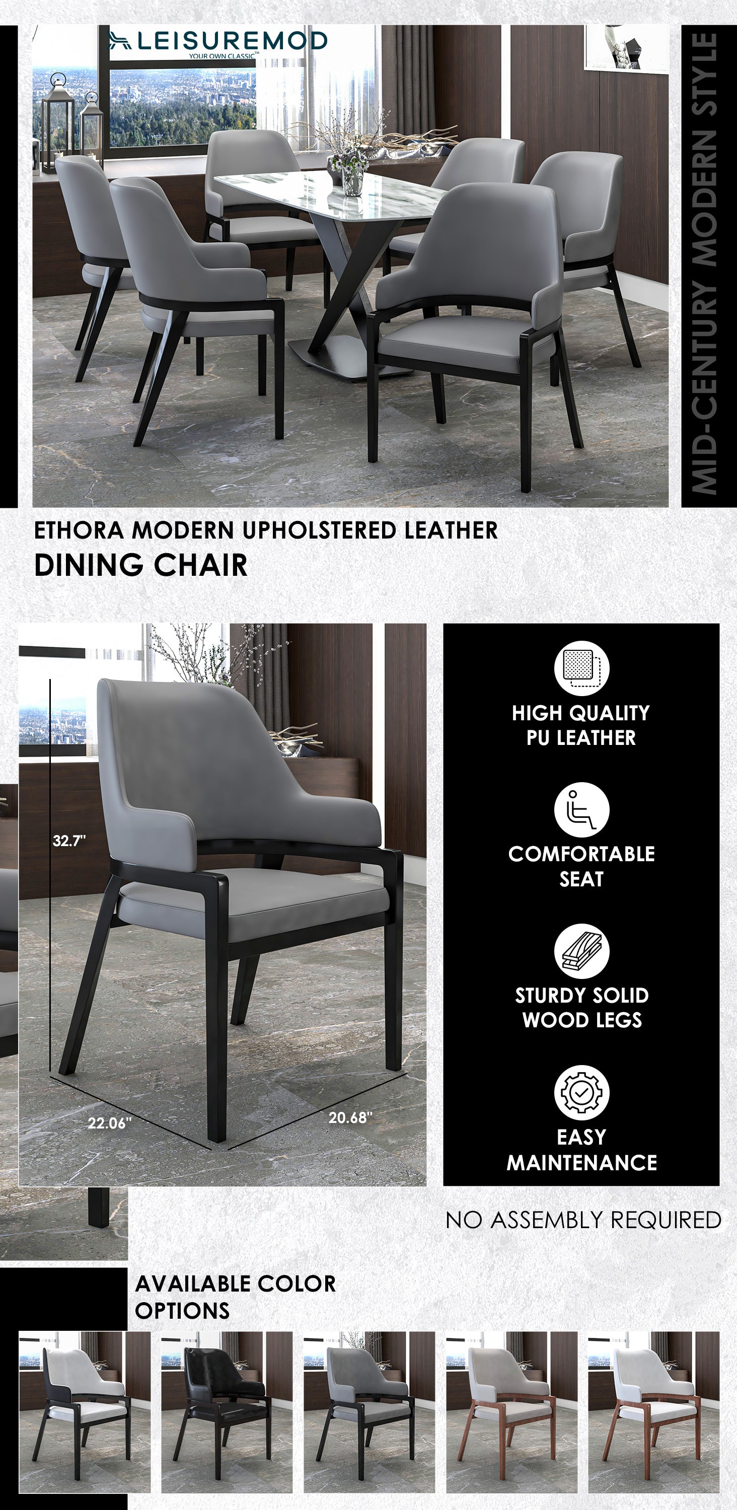 Ethora Collection Modern Wooden Dining Chair in Grey