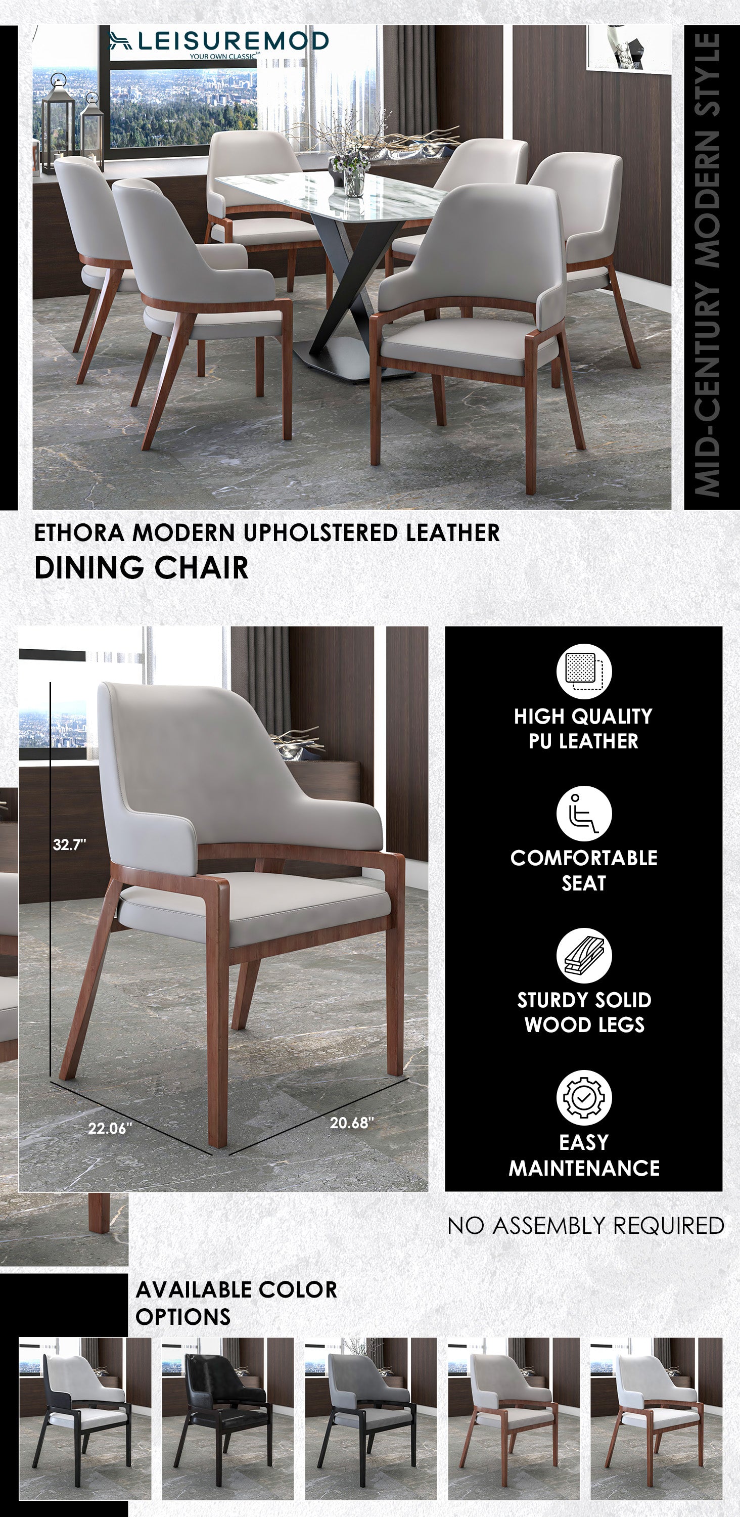 Ethora Collection Modern Wooden Dining Chair in Black Fabric Seat With white top