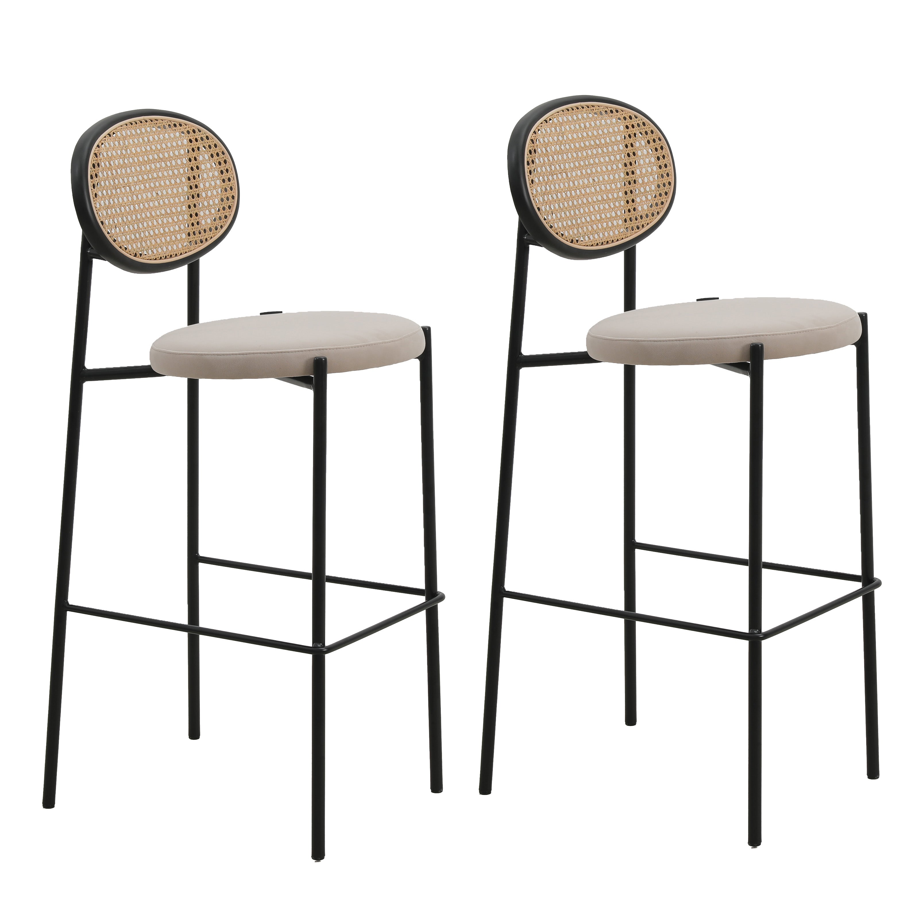 Euston Modern Wicker Bar Stool With Black Steel Frame, Set of 2 in Beige