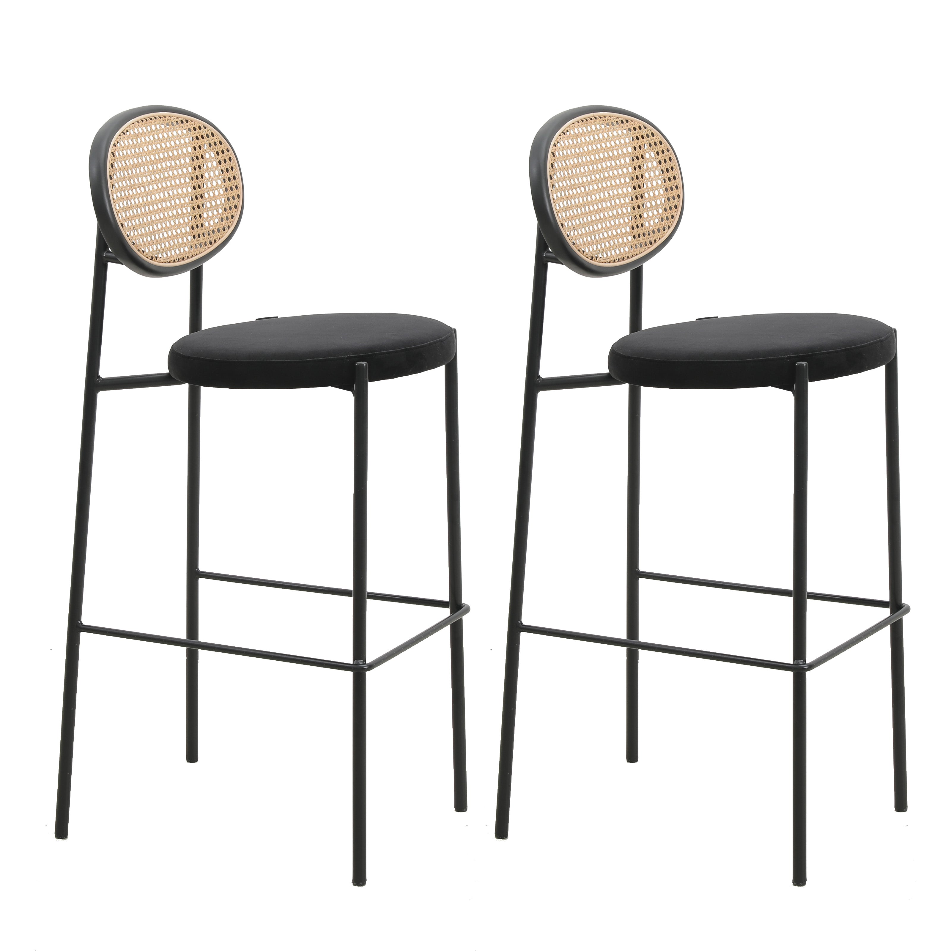 Euston Modern Wicker Bar Stool With Black Steel Frame, Set of 2 in Black