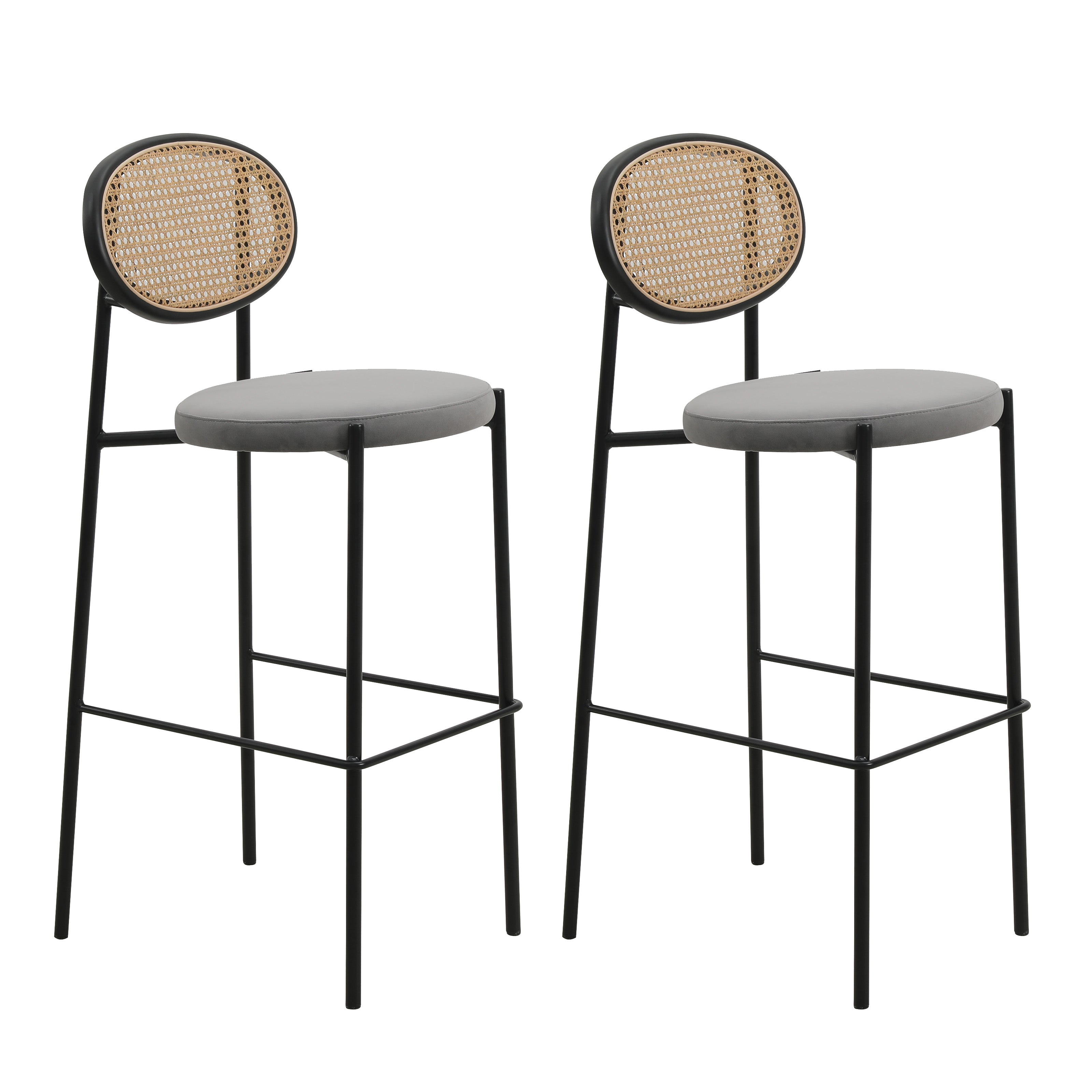 Euston Modern Wicker Bar Stool With Black Steel Frame, Set of 2 in Grey