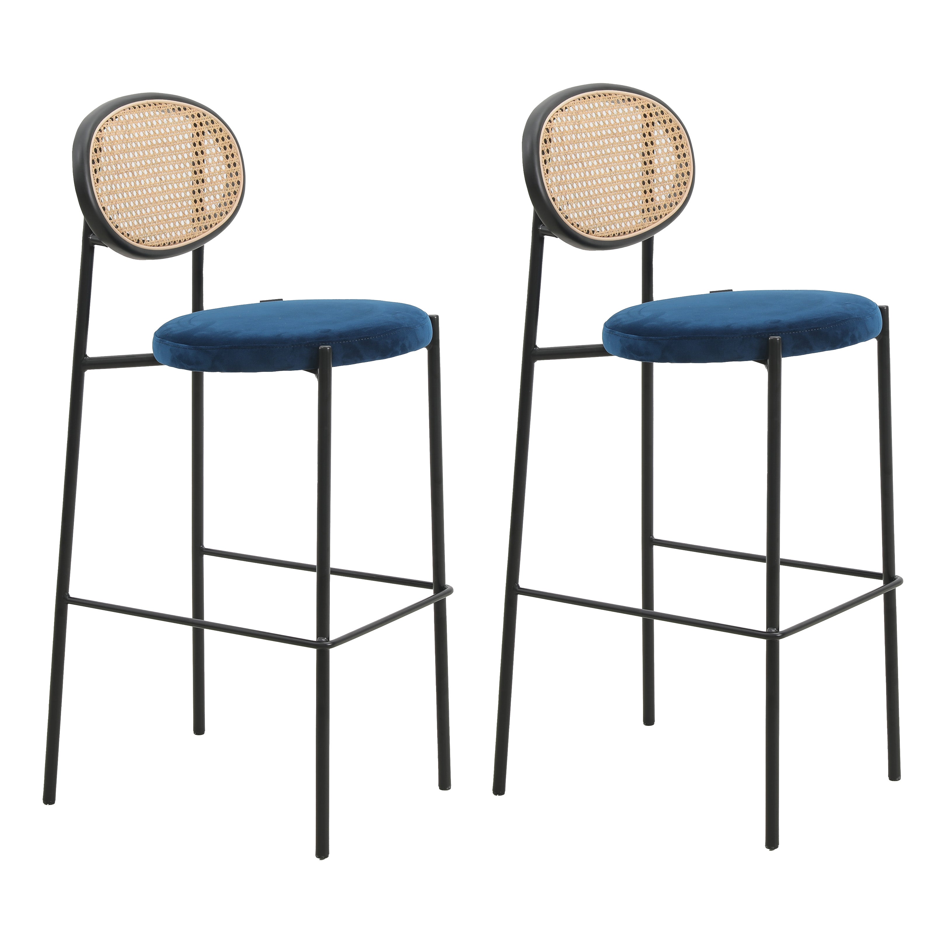 Euston Modern Wicker Bar Stool With Black Steel Frame, Set of 2 in Navy Blue