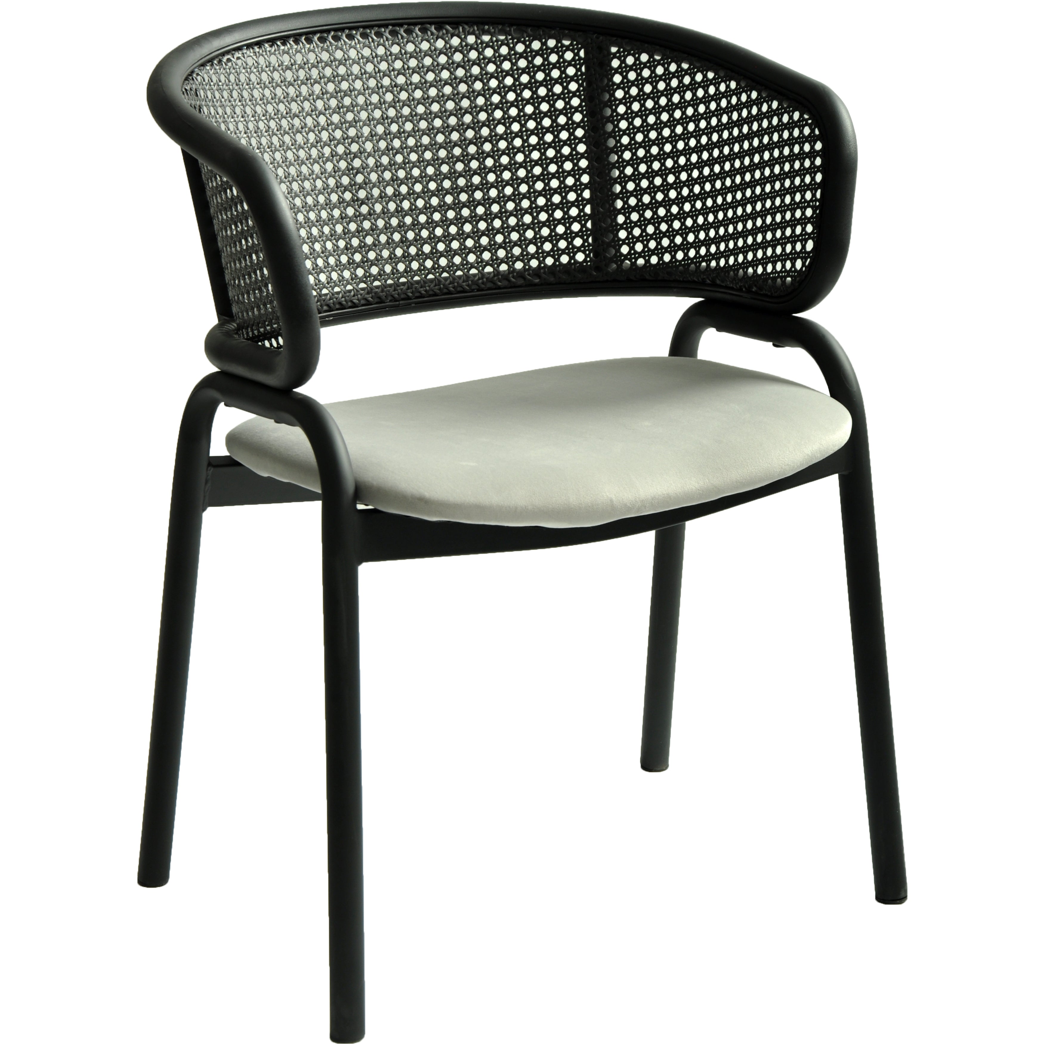 Ervilla Dining Armchair in Black Steel Frame with Black Wicker Back and Grey Seat